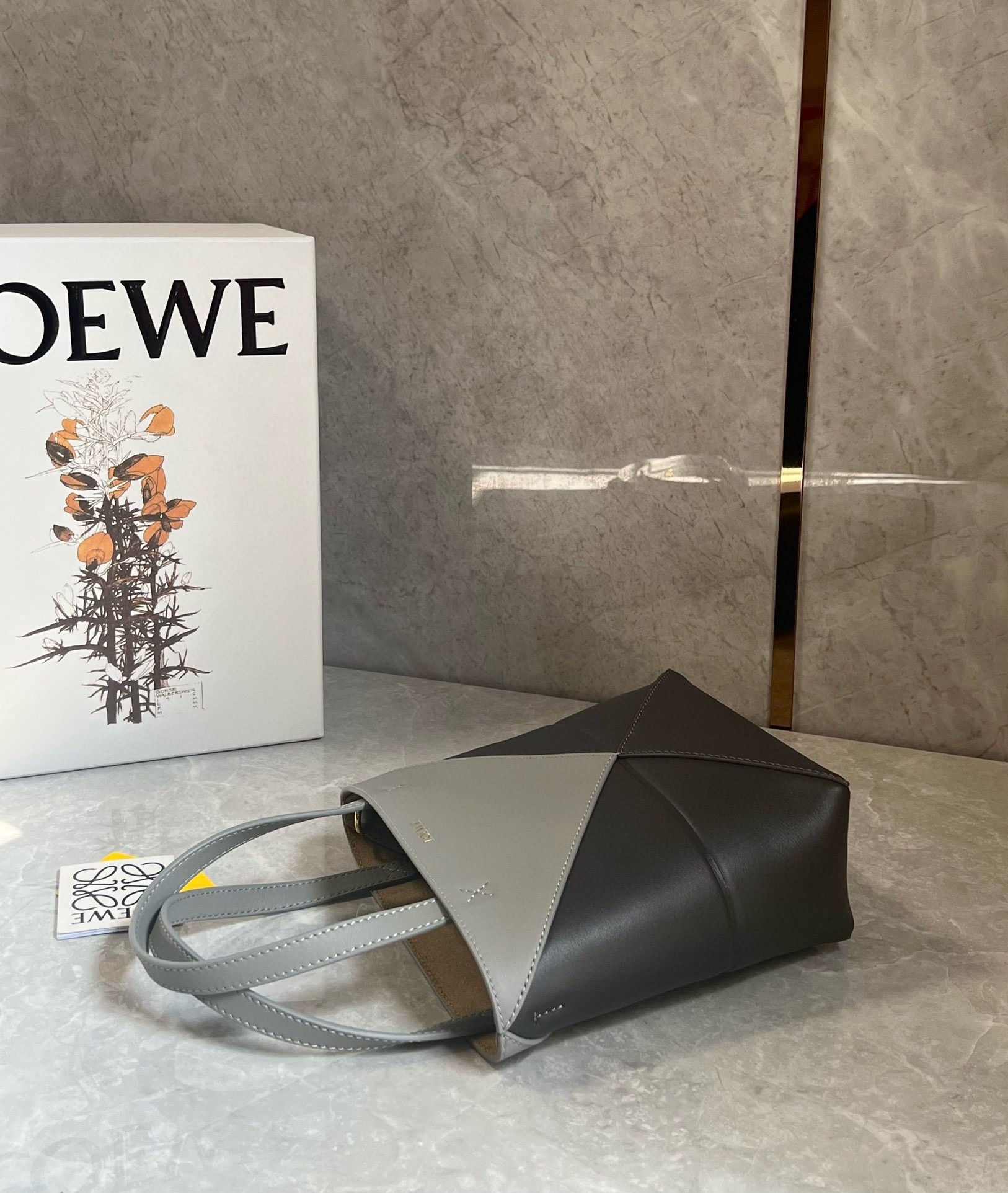 L0ew* mini puzzle fold tote bag in grey/dark grey calfskin