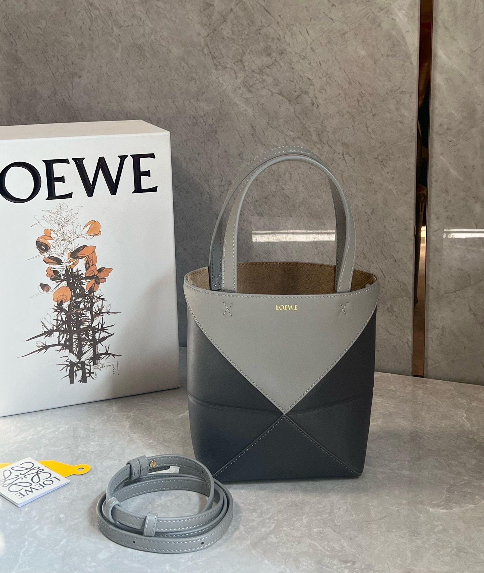 L0ew* mini puzzle fold tote bag in grey/dark grey calfskin