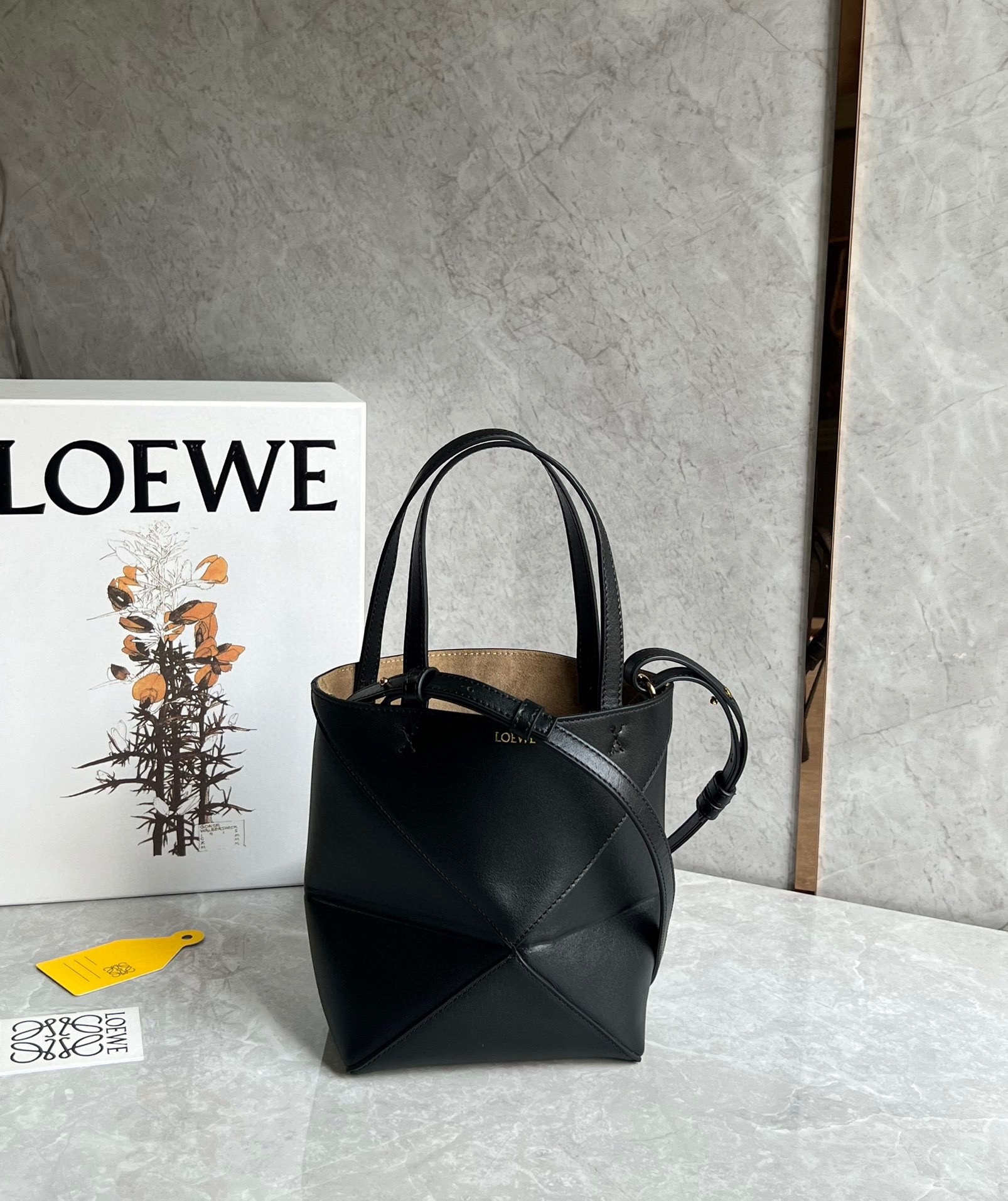 L0ew* mini puzzle fold tote bag in black calfskin