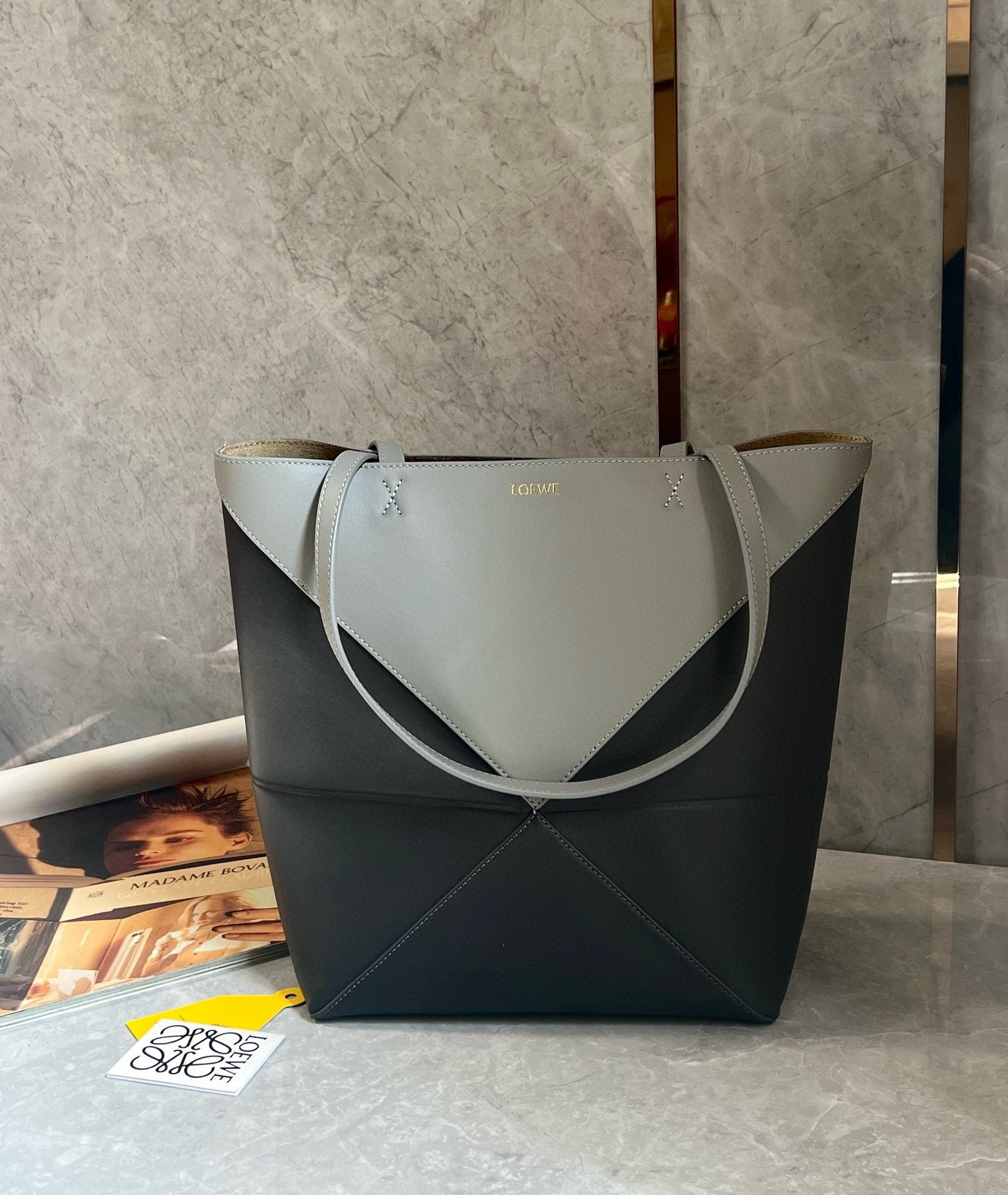 L0ew* medium puzzle fold tote bag in grey/dark green calfskin