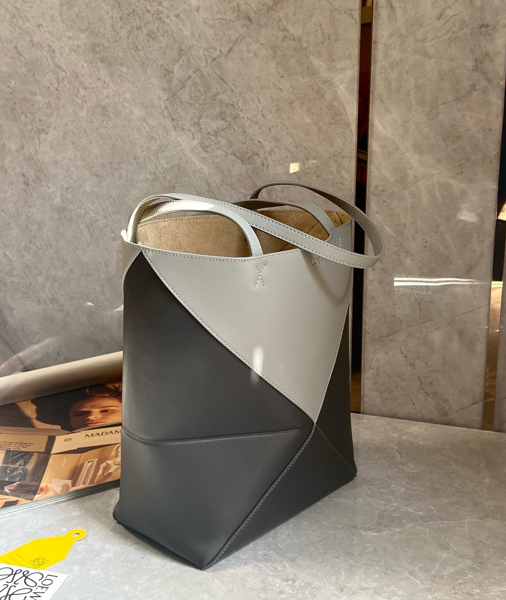 L0ew* medium puzzle fold tote bag in grey/dark green calfskin