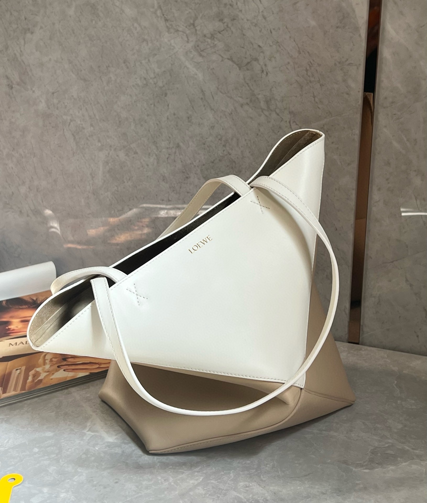 L0ew* medium puzzle fold tote bag in white/beige calfskin