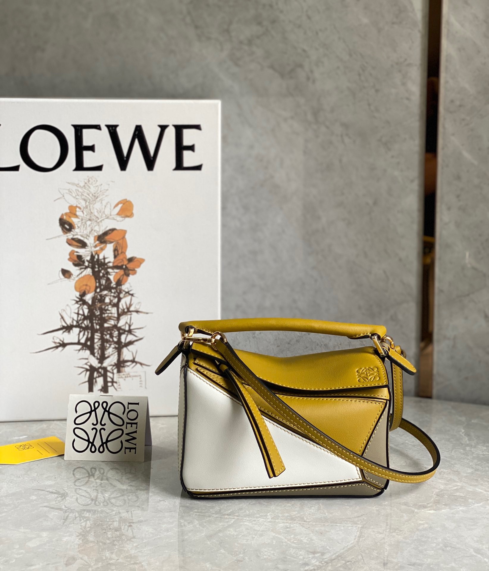 L0ew* puzzle mini bag in ochre/white/taupe calfskin