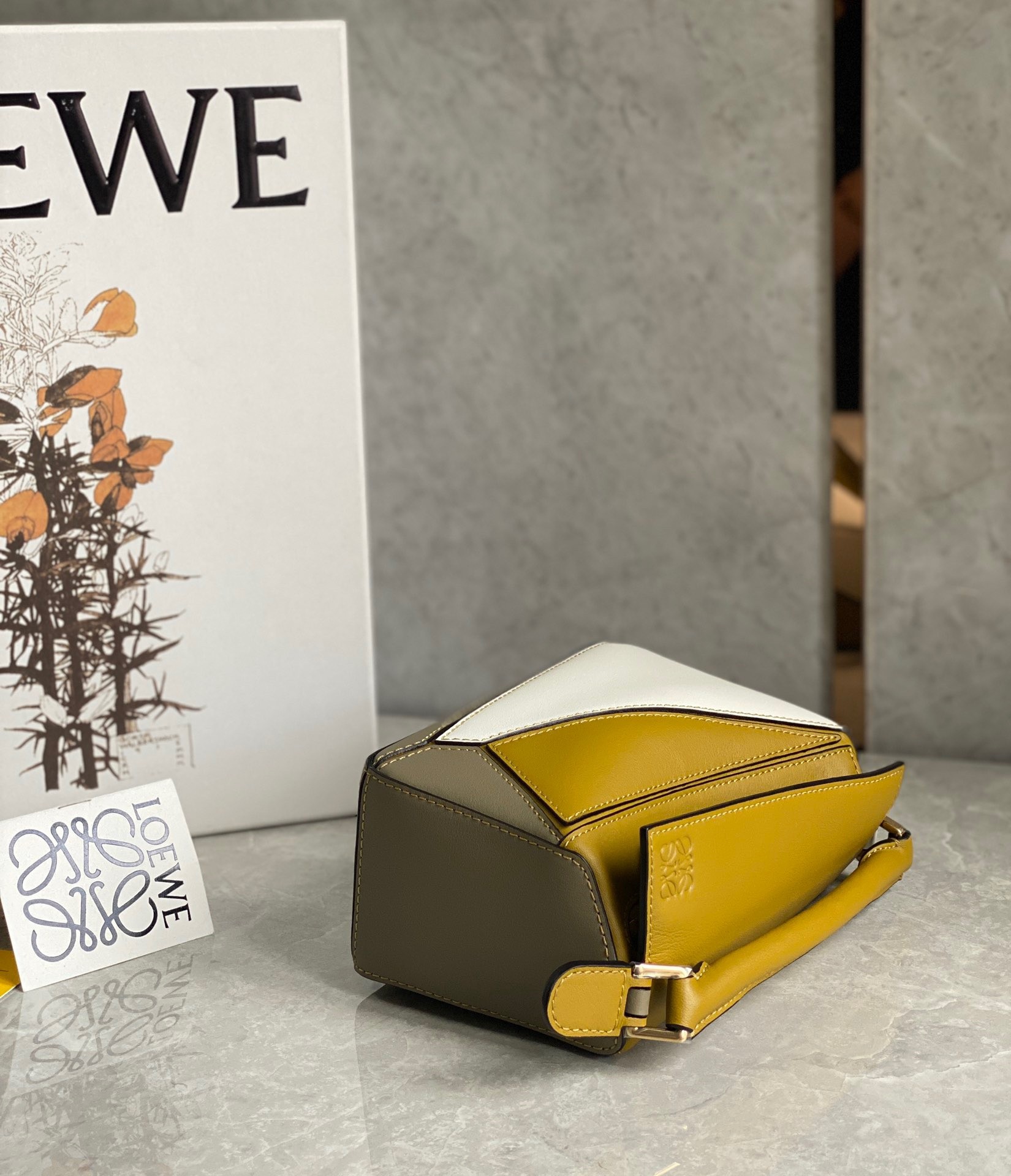 L0ew* puzzle mini bag in ochre/white/taupe calfskin