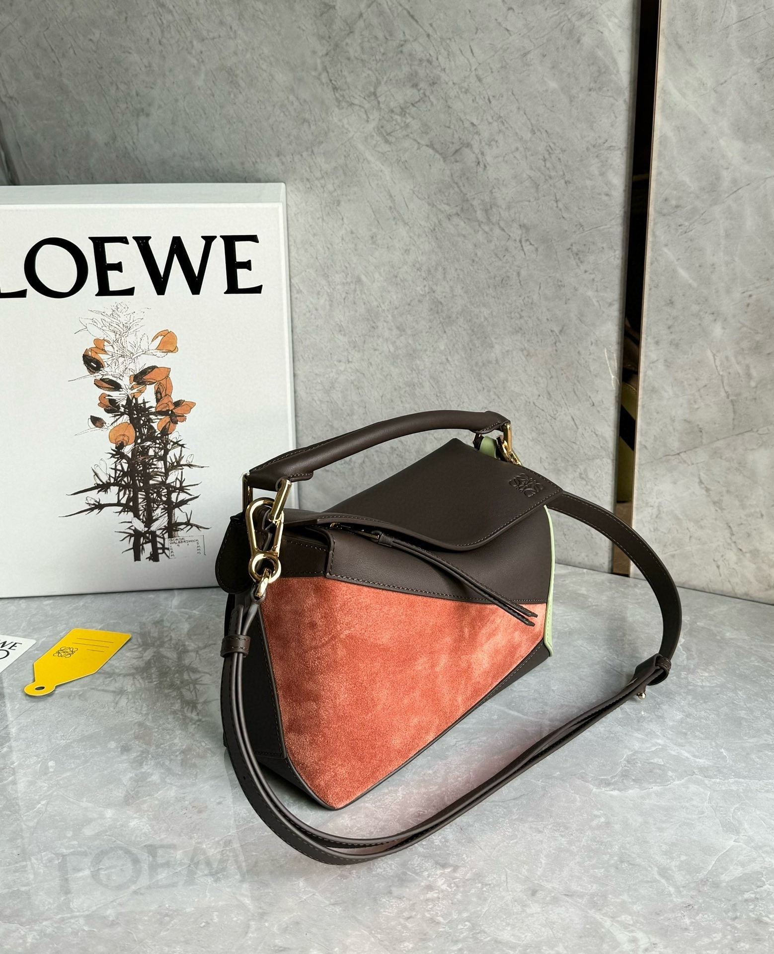 L0ew* puzzle small bag in tan suede and chocolate calfskin