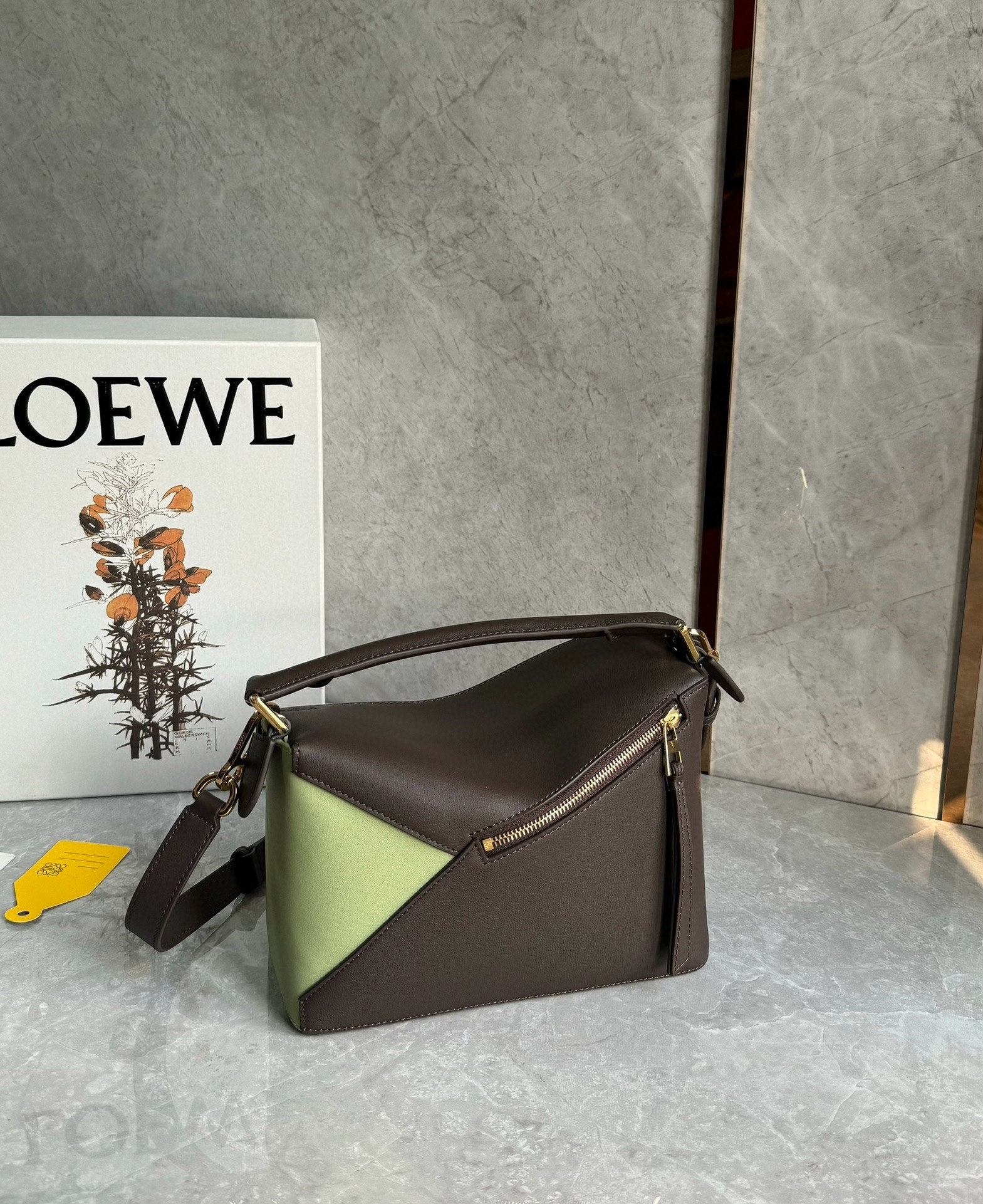 L0ew* puzzle small bag in tan suede and chocolate calfskin