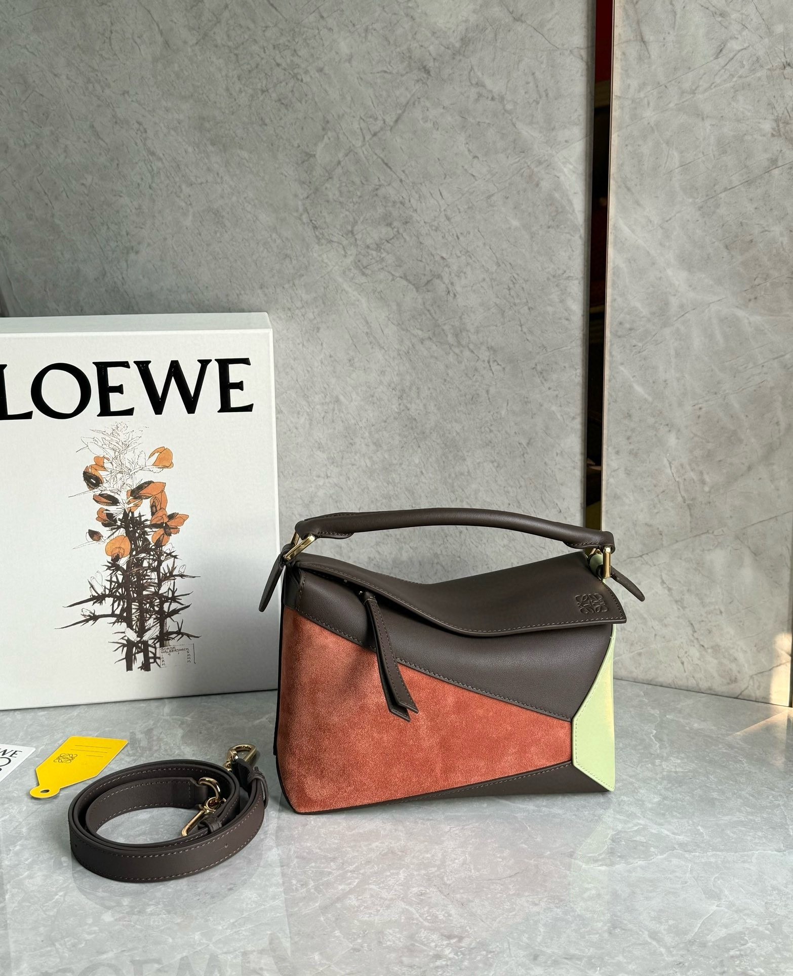 L0ew* puzzle small bag in tan suede and chocolate calfskin