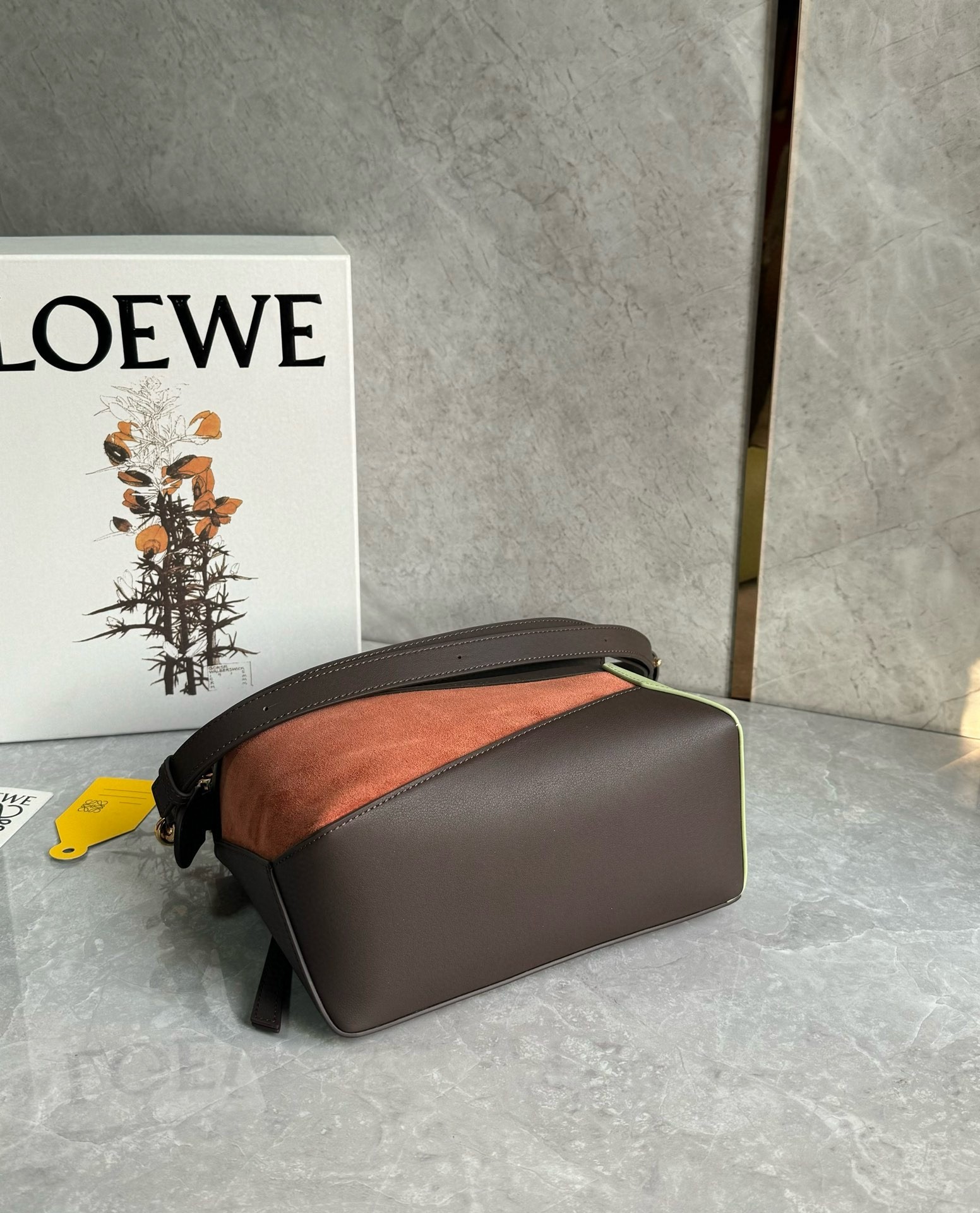 L0ew* puzzle small bag in tan suede and chocolate calfskin