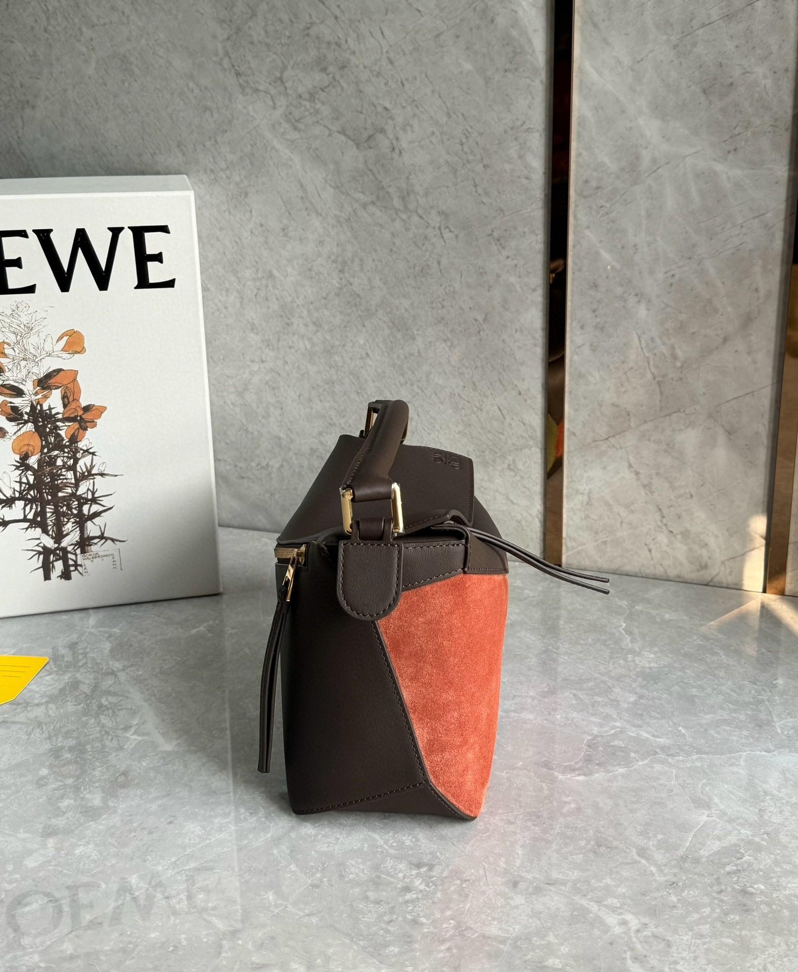 L0ew* puzzle small bag in tan suede and chocolate calfskin