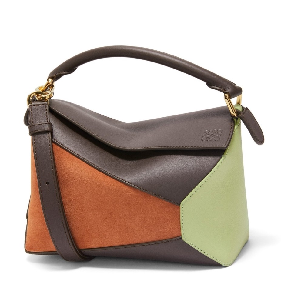L0ew* puzzle small bag in tan suede and chocolate calfskin