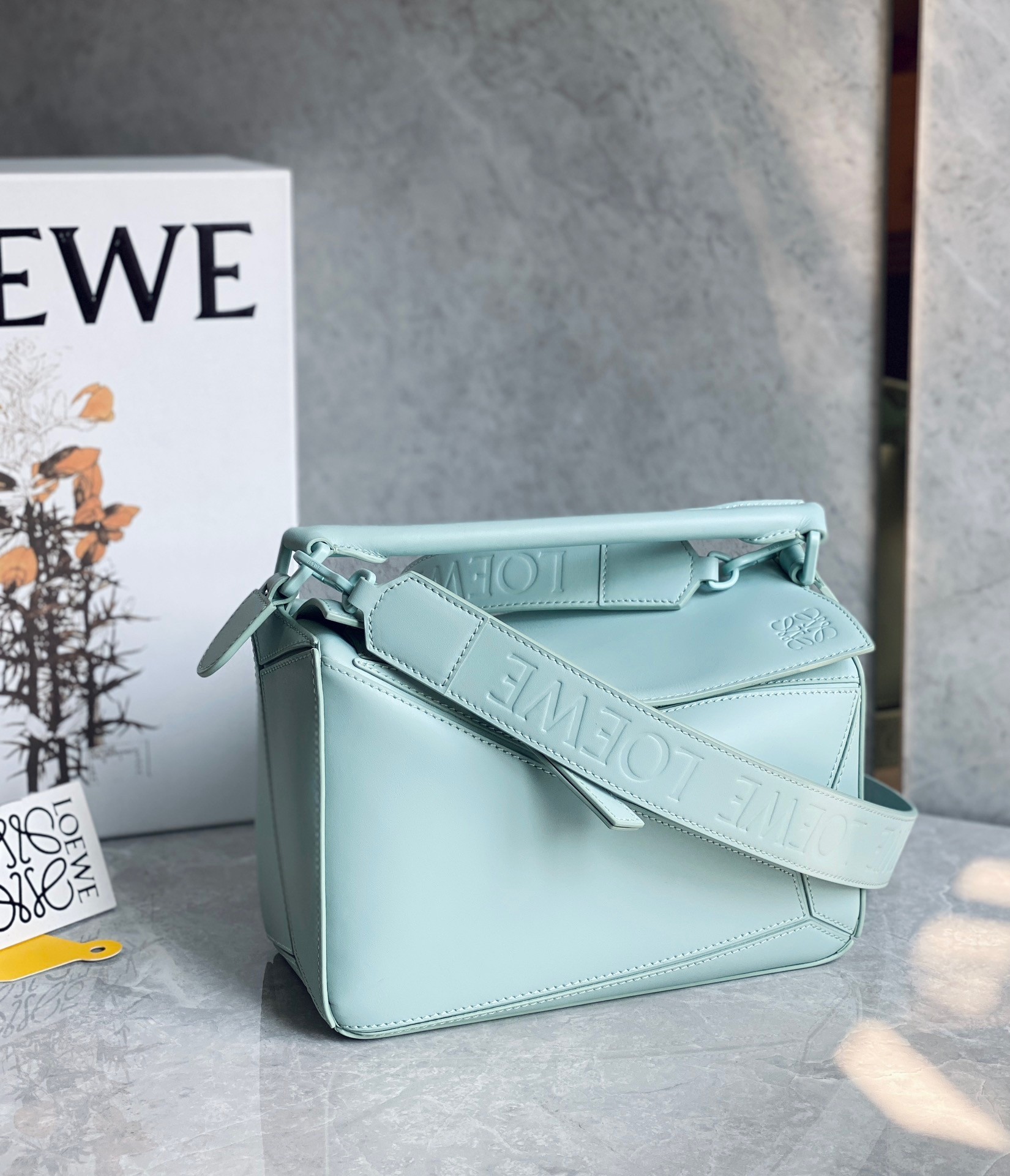 L0ew* puzzle small bag in aquamarine satin calfskin