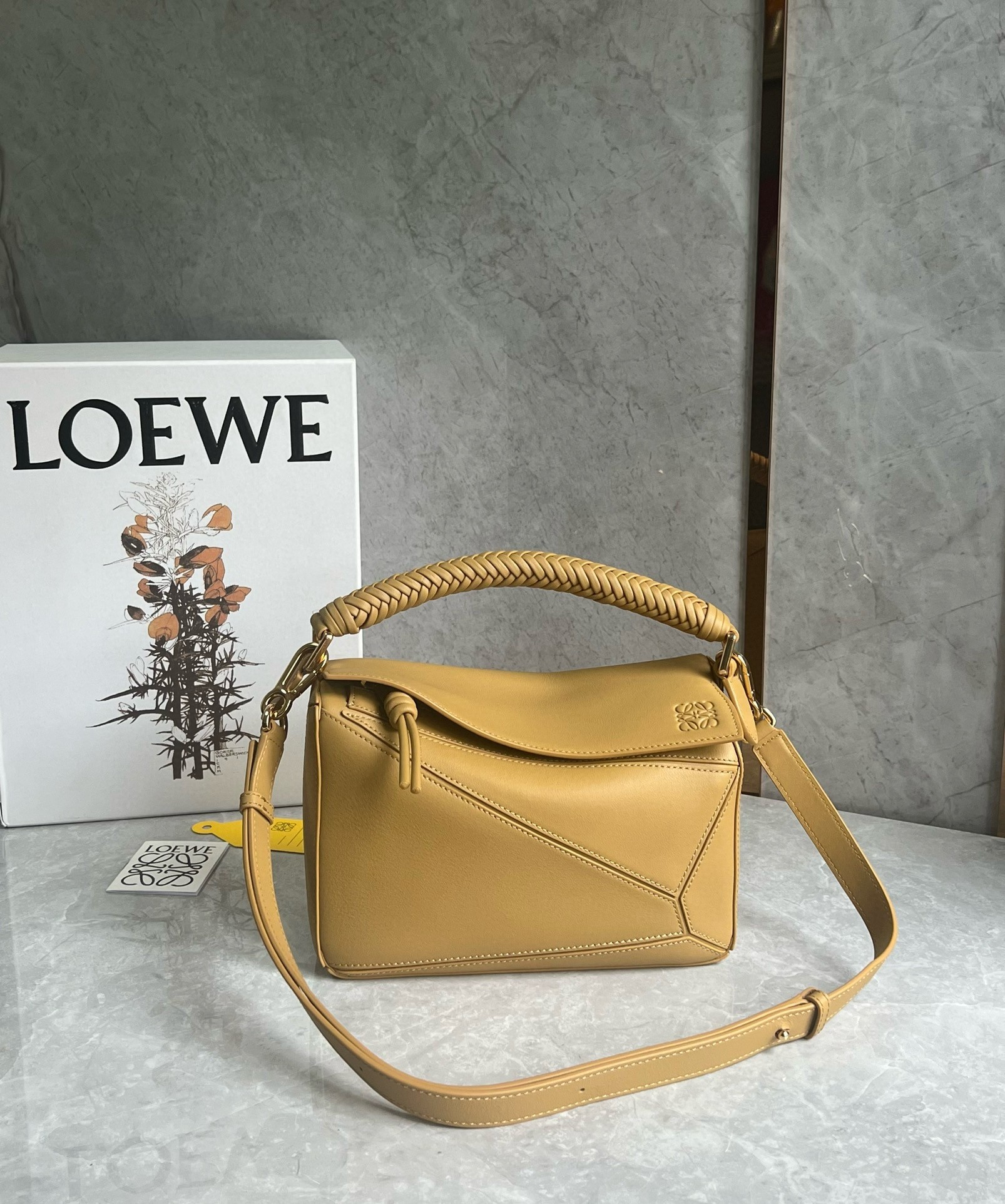 L0ew* puzzle small bag in sahara calfskin with woven handle