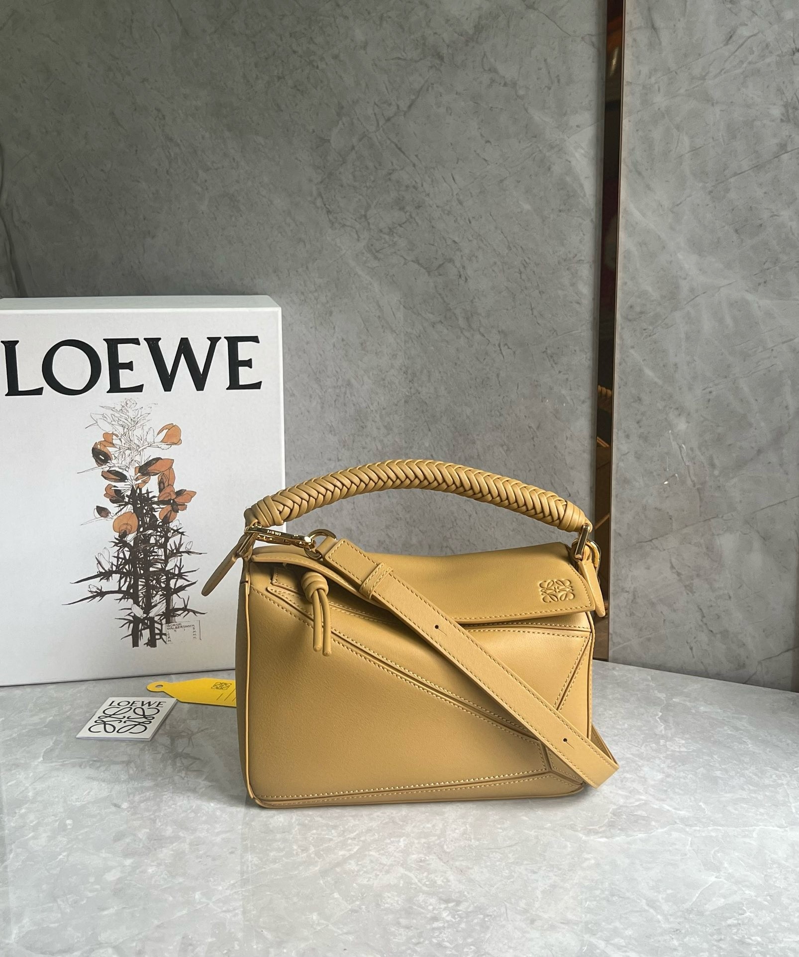 L0ew* puzzle small bag in sahara calfskin with woven handle