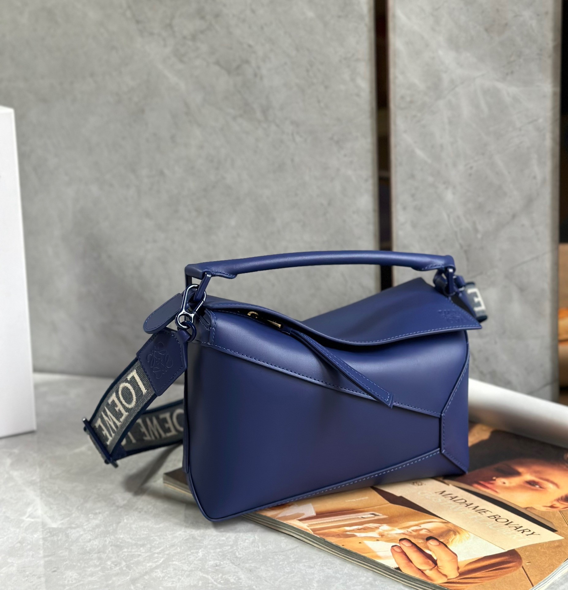 L0ew* puzzle edge small bag in deep purple satin calfskin