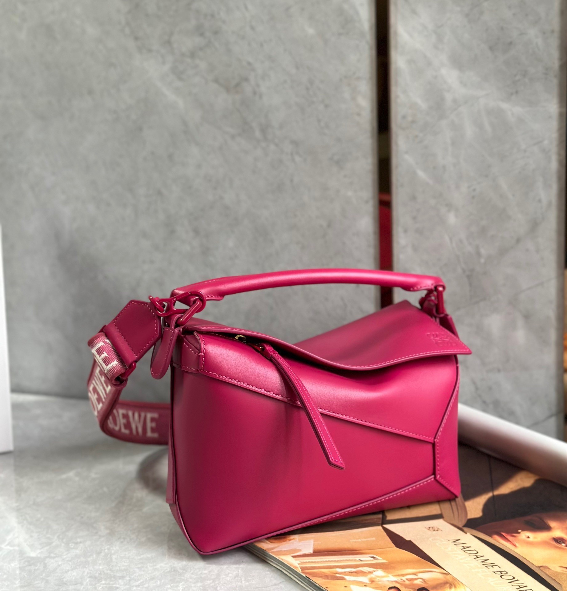 L0ew* puzzle edge small bag in ruby red satin calfskin
