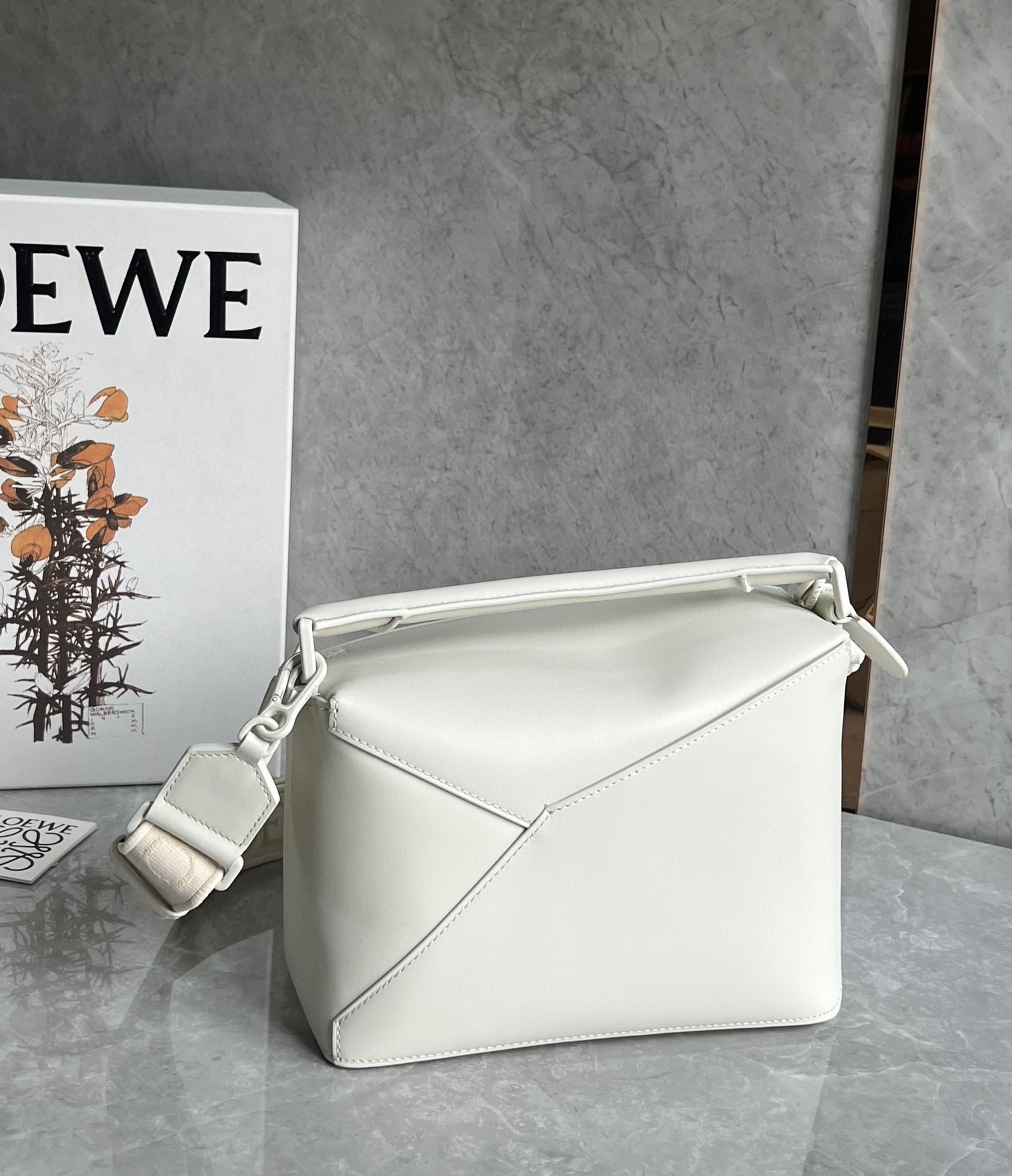 L0ew* puzzle edge small bag in white satin calfskin