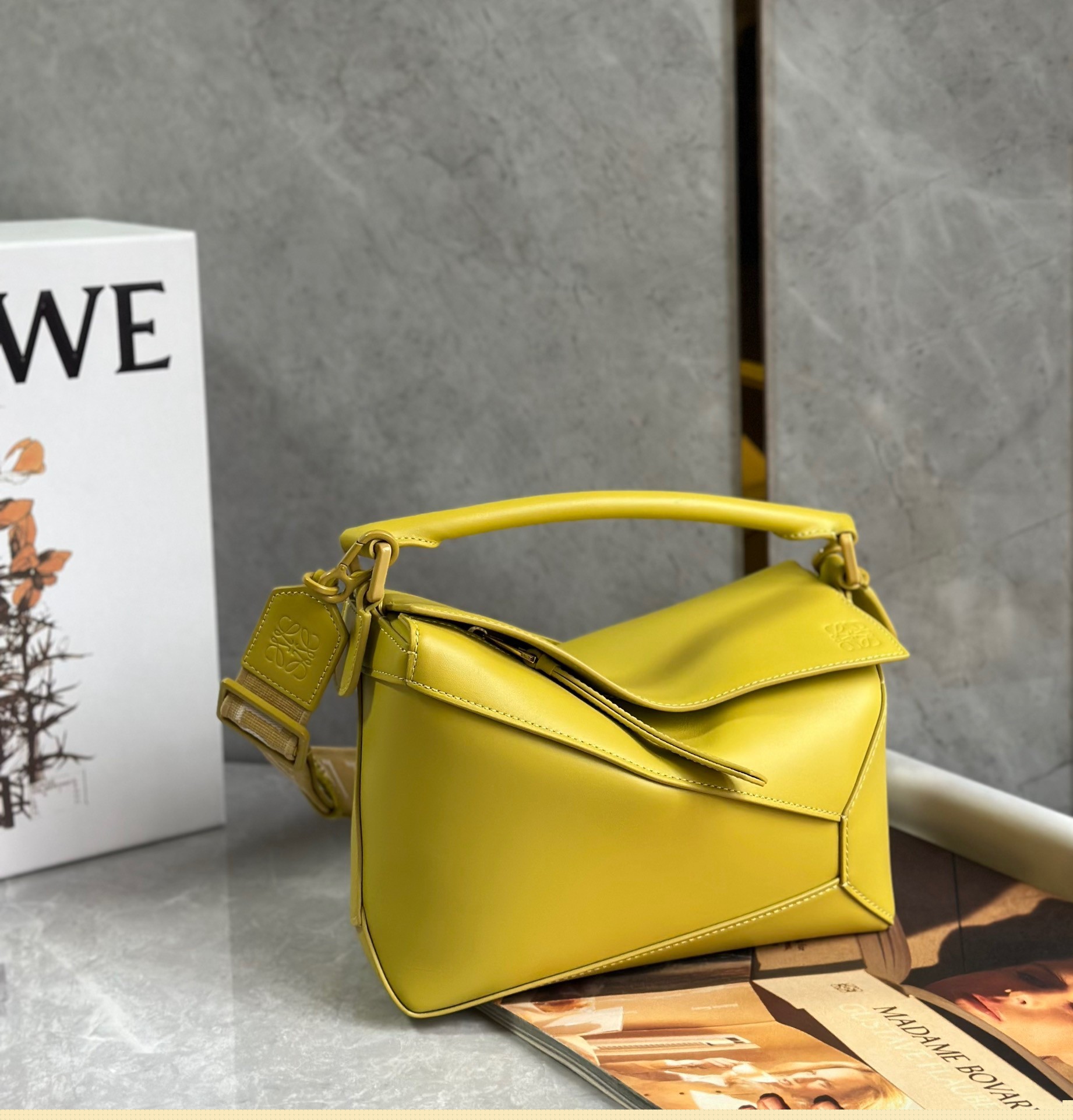 L0ew* puzzle edge small bag in yellow satin calfskin