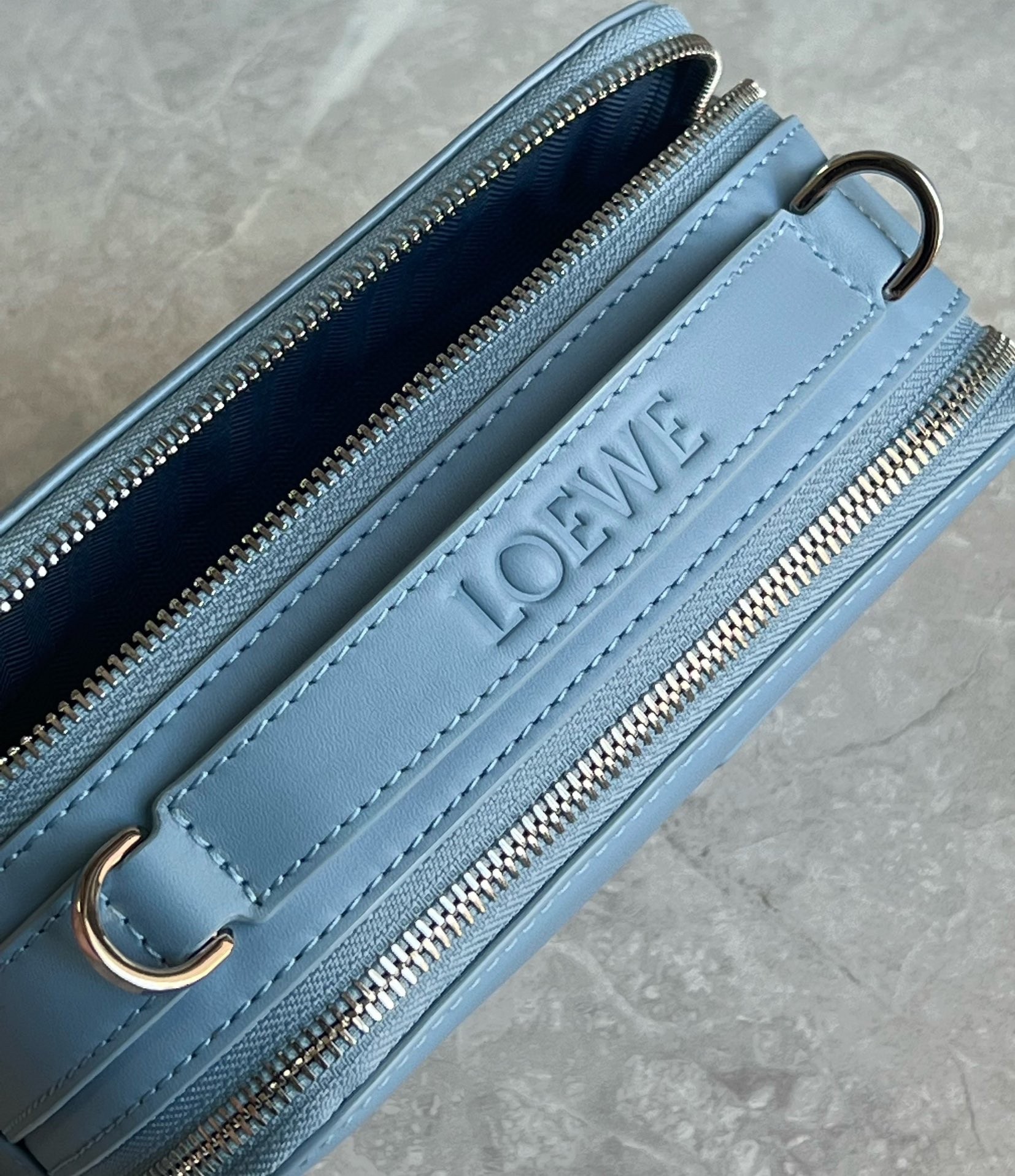 L0ew* mini camera crossbody bag in blue calfskin