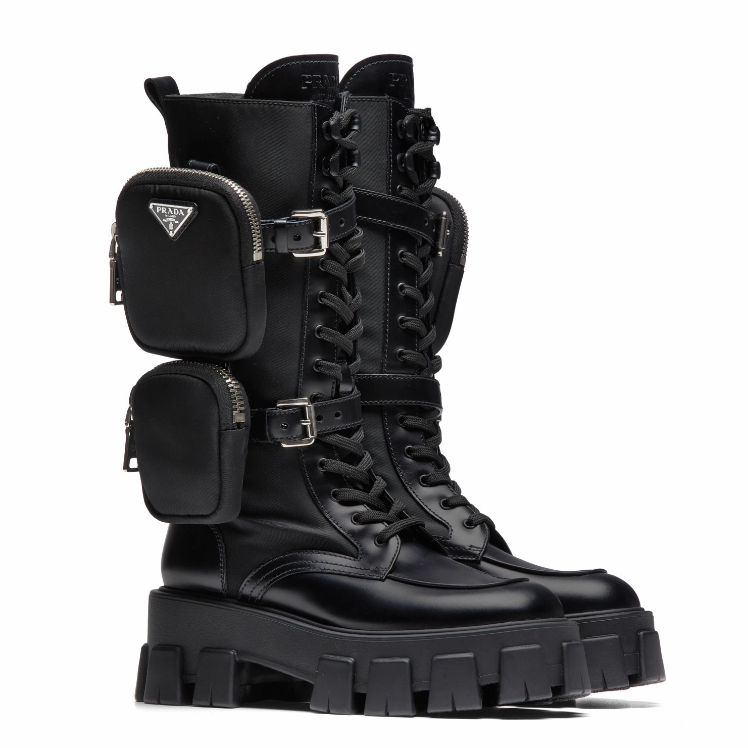 Pra*a monolith boots in noir leather and nylon fabric