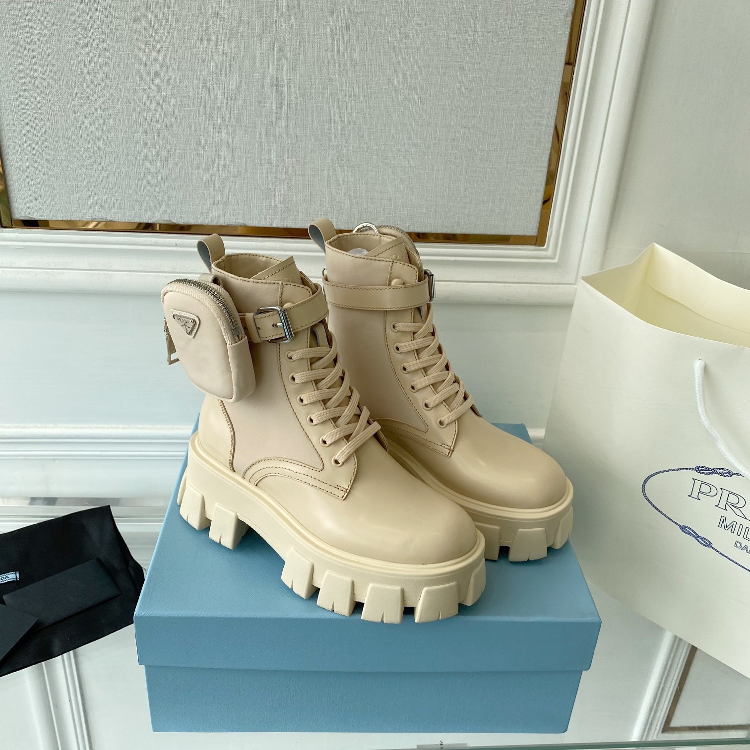 Pra*a monolith boots in beige leather and nylon fabric