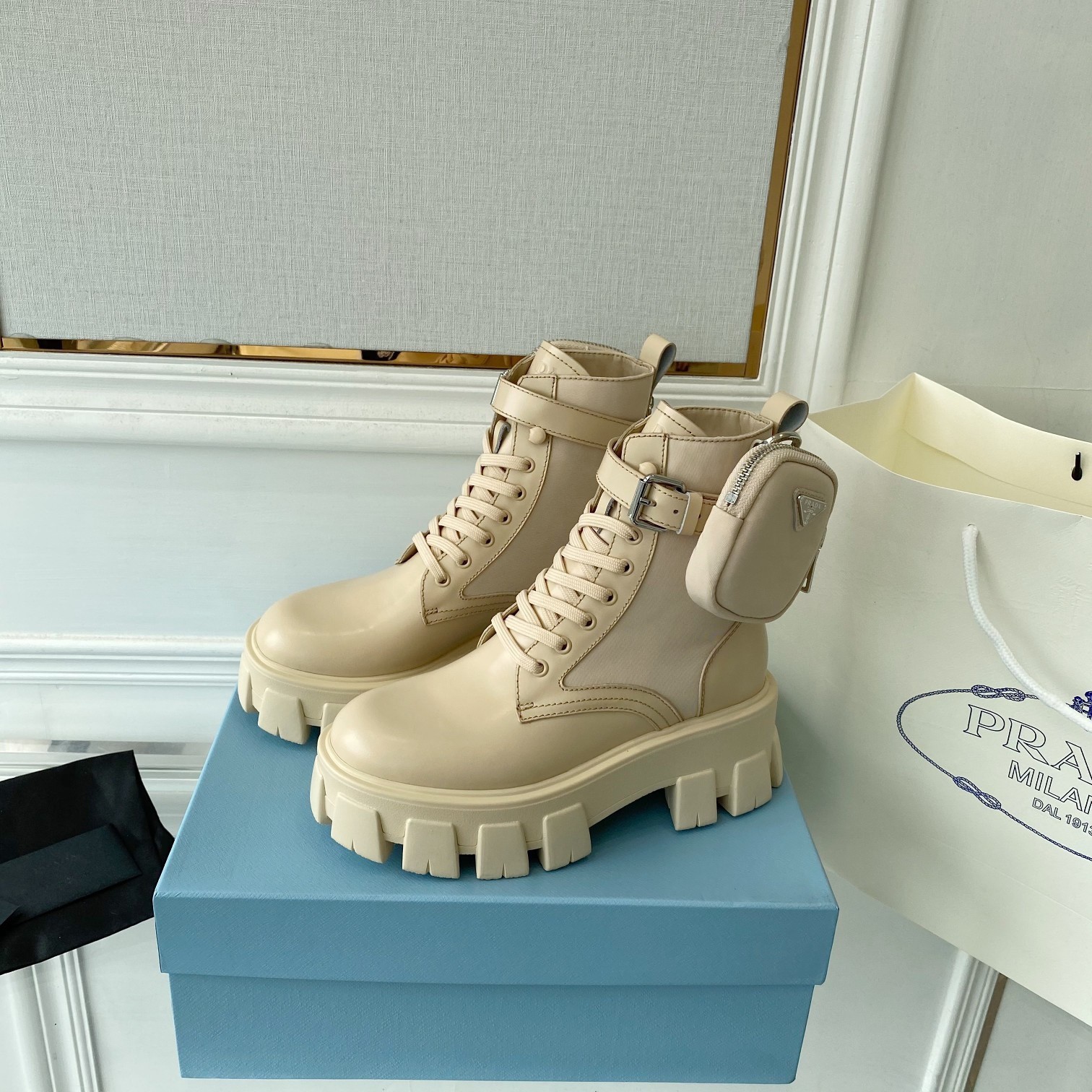 Pra*a monolith boots in beige leather and nylon fabric