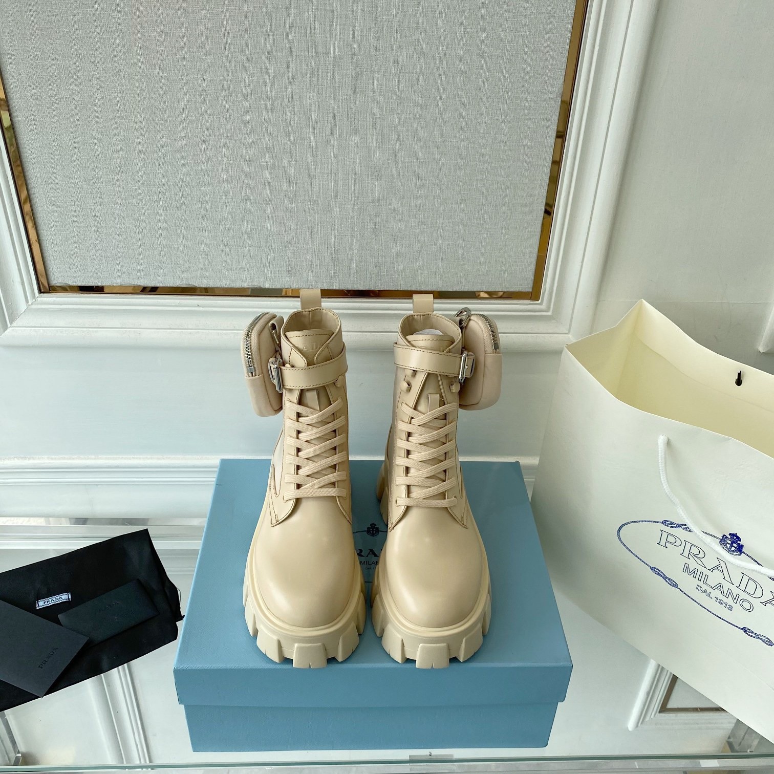 Pra*a monolith boots in beige leather and nylon fabric
