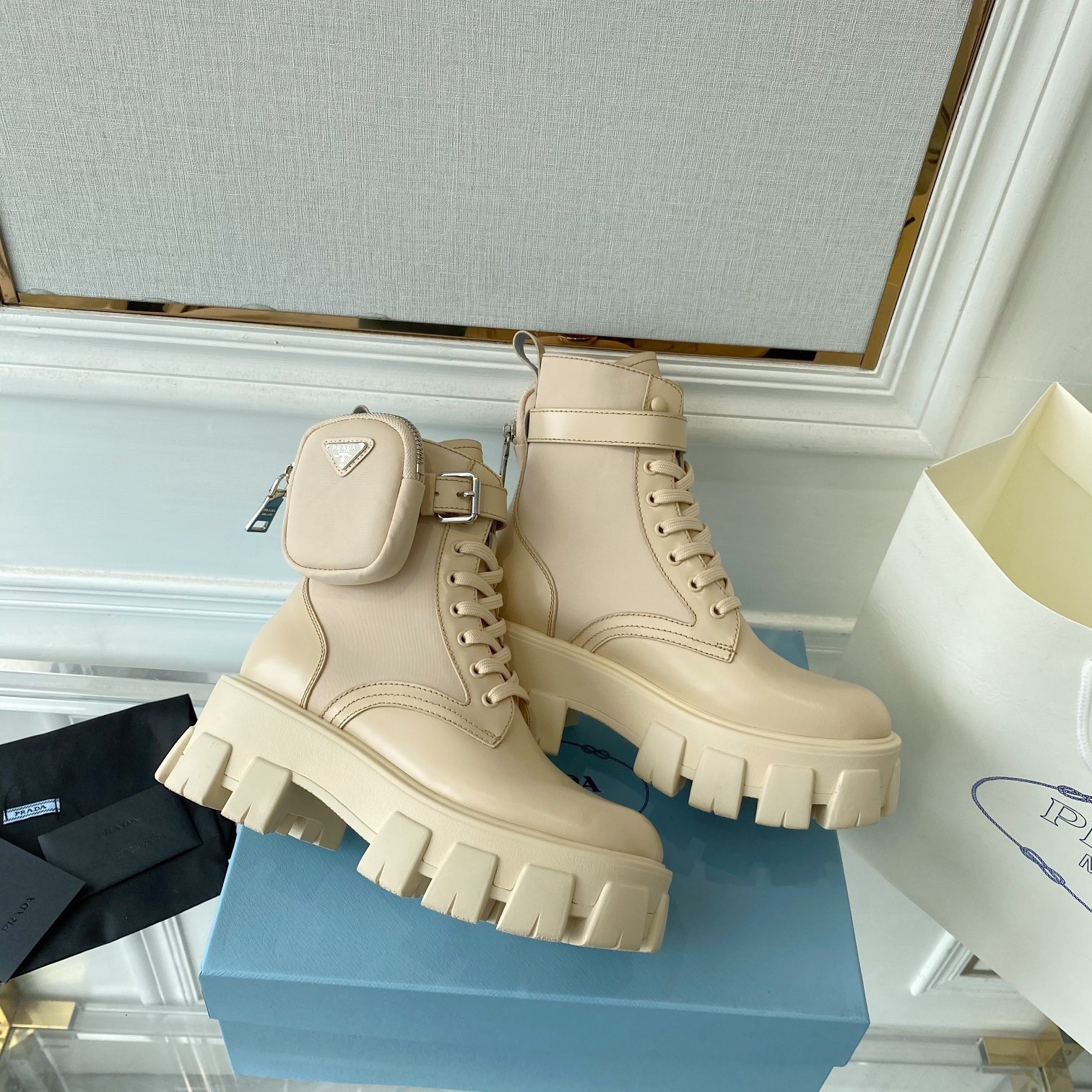 Pra*a monolith boots in beige leather and nylon fabric
