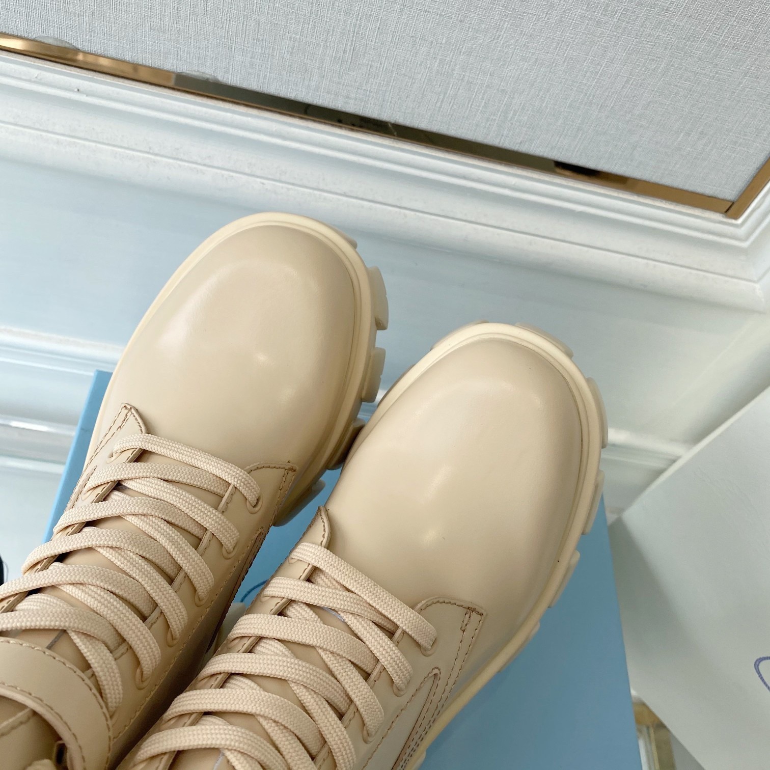 Pra*a monolith boots in beige leather and nylon fabric