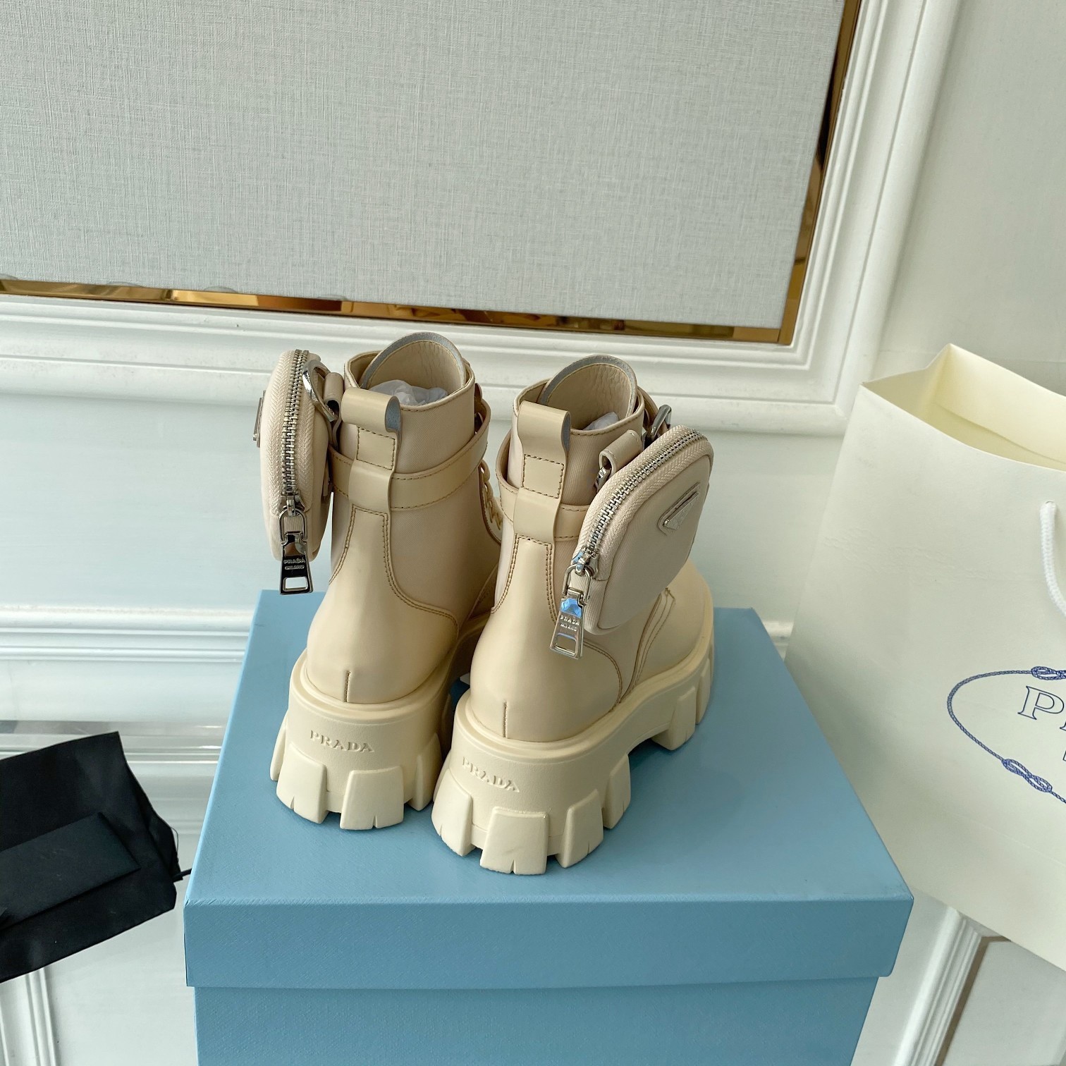 Pra*a monolith boots in beige leather and nylon fabric