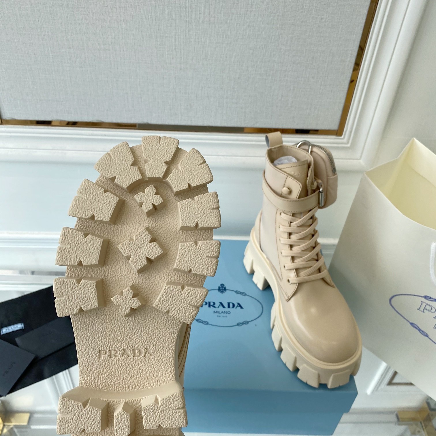 Pra*a monolith boots in beige leather and nylon fabric