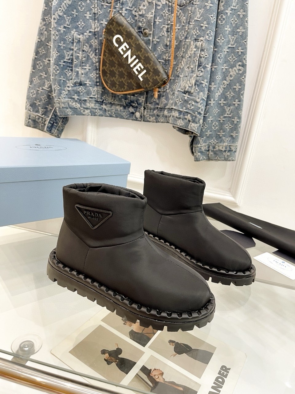 Pra*a booties in black nylon fabric