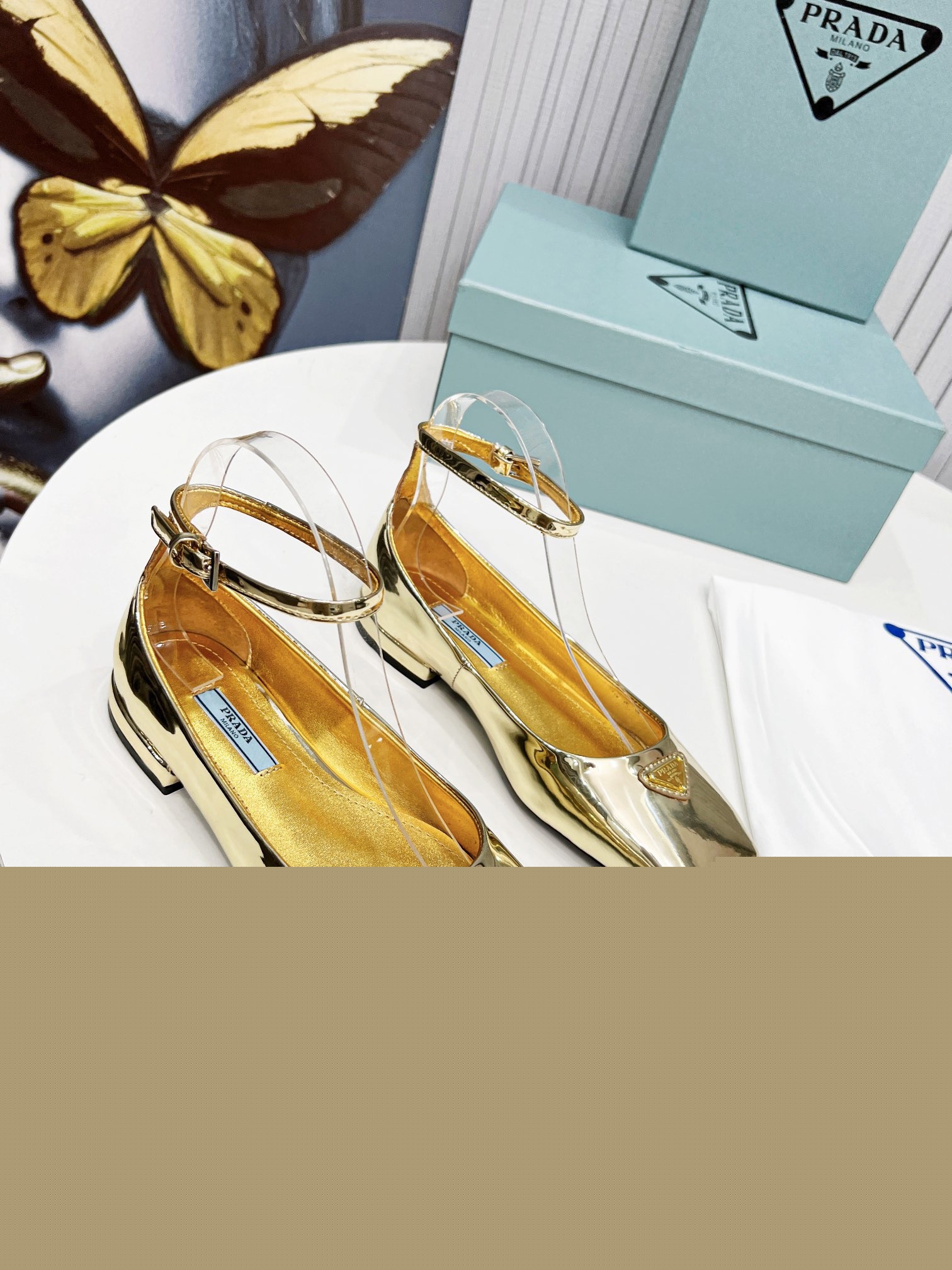 Pra*a ballerinas in gold metallic leather