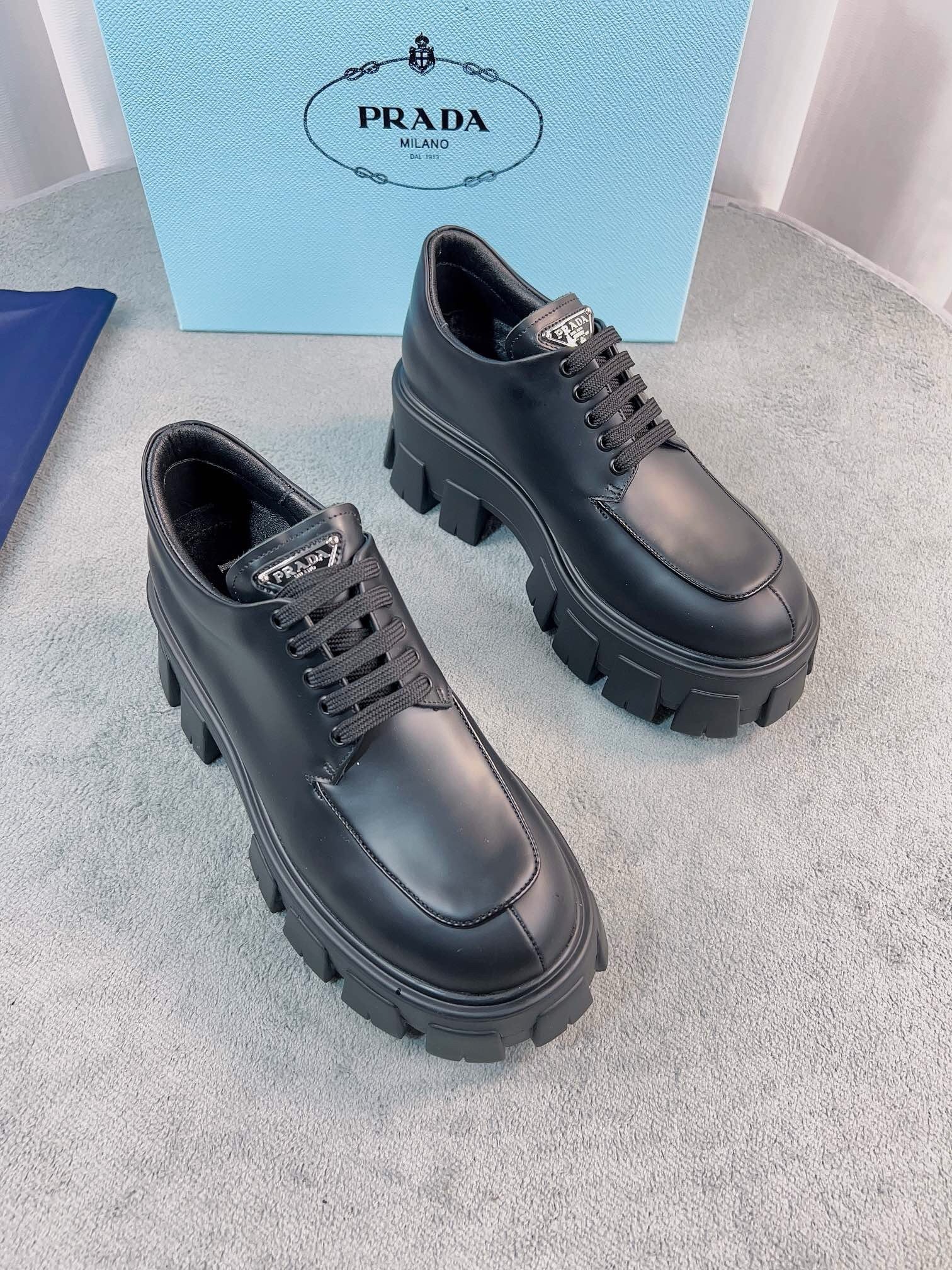 Pra*a monolith lace-up shoes in black brushed leather