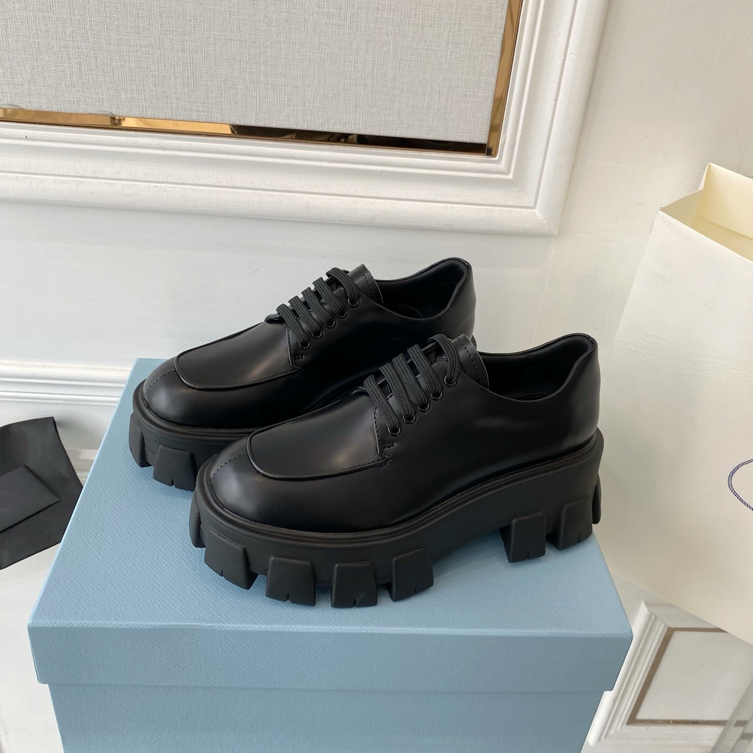 Pra*a monolith lace-up loafers in black brushed leather