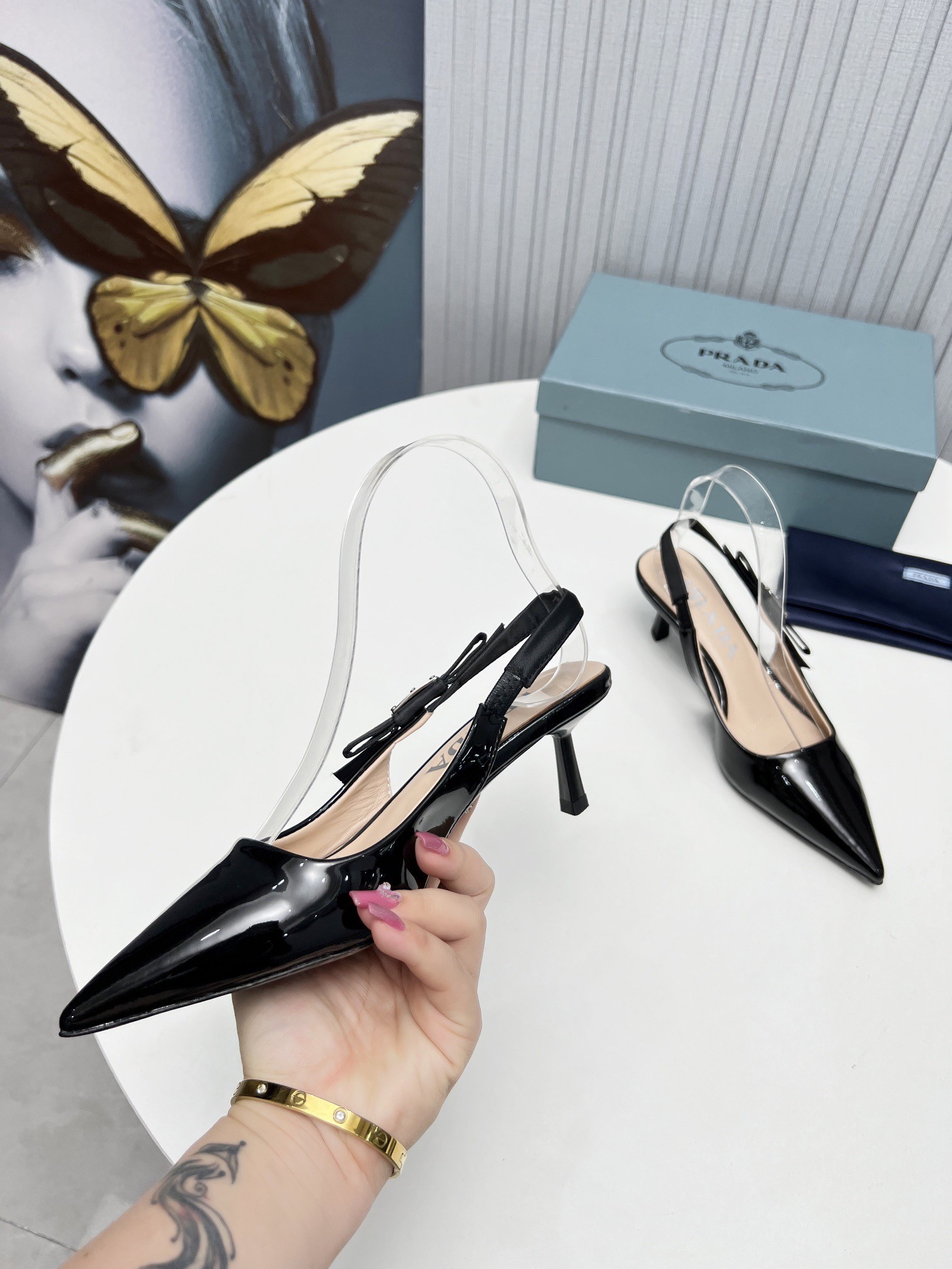 Pra*a slingbacks pumps 45mm in black patent leather