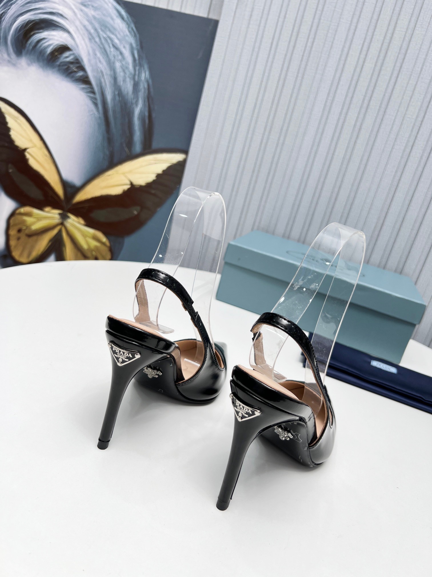 Pra*a slingbacks pumps 95mm in black patent leather