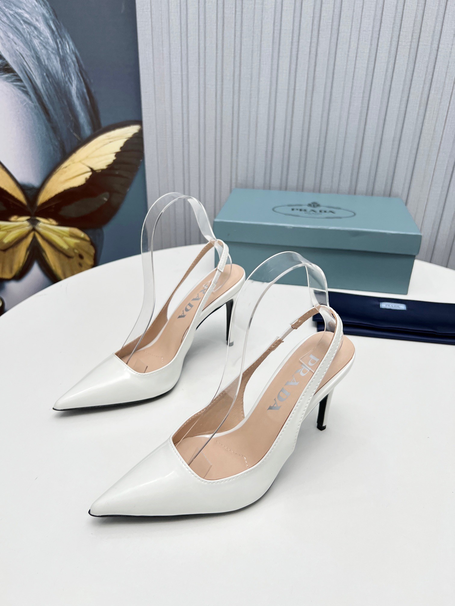 Pra*a slingbacks pumps 95mm in white patent leather