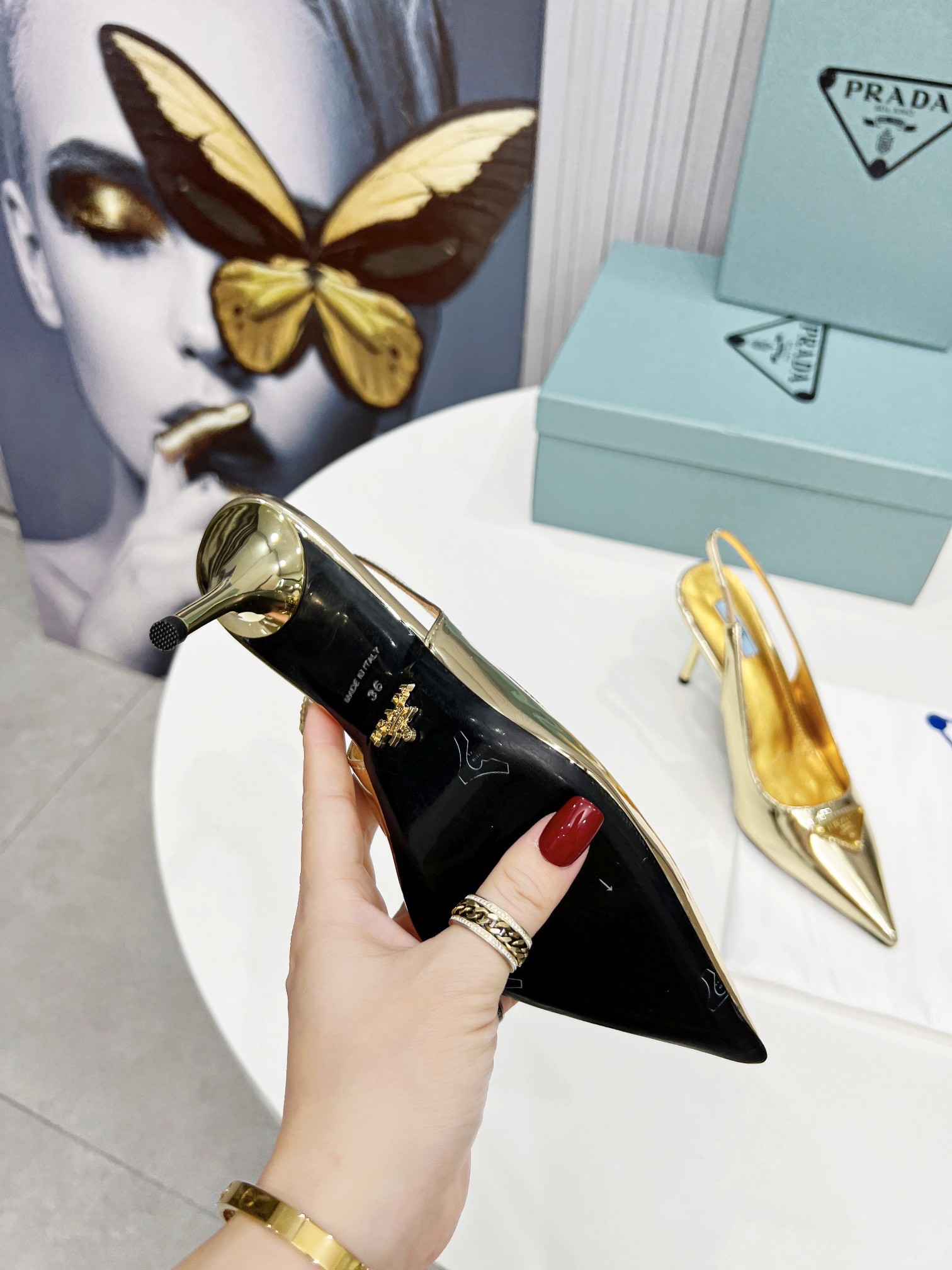 Pra*a slingbacks pumps 85mm in gold metallic leather