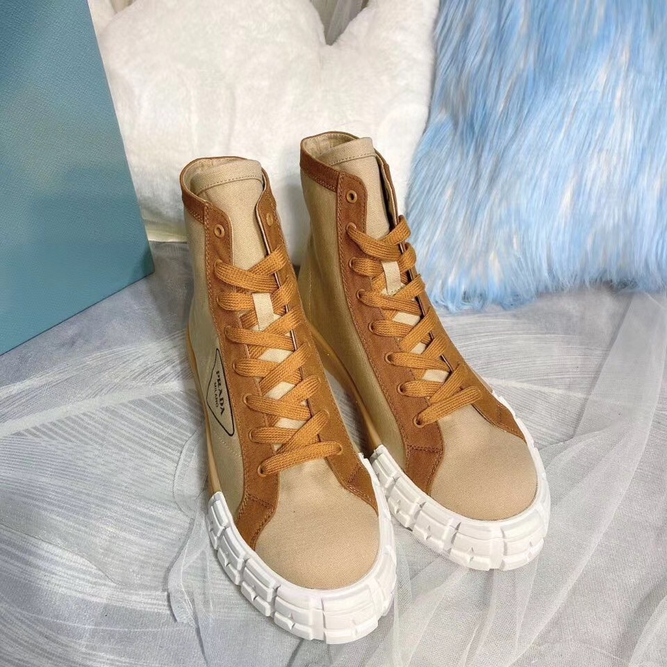 Pra*a beige/tan gabardine high-top sneakers