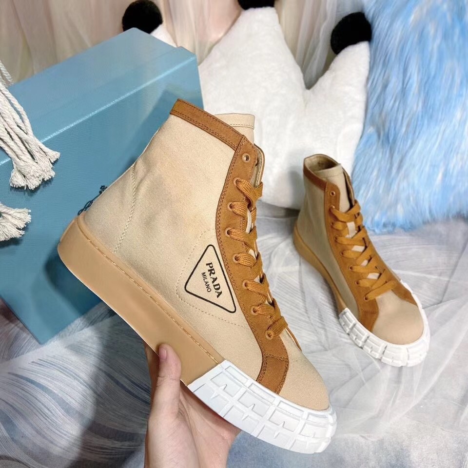 Pra*a beige/tan gabardine high-top sneakers