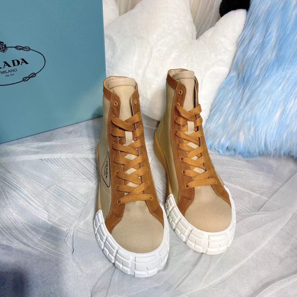 Pra*a beige/tan gabardine high-top sneakers