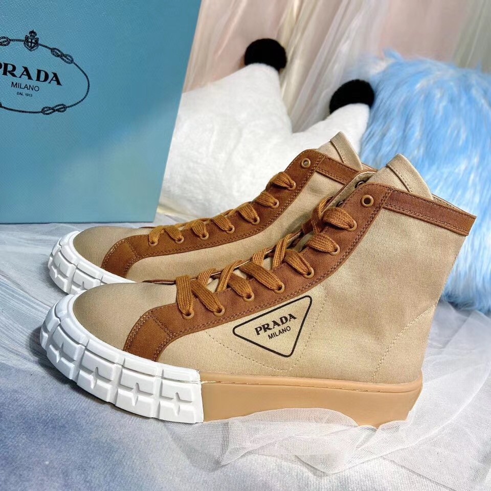 Pra*a beige/tan gabardine high-top sneakers