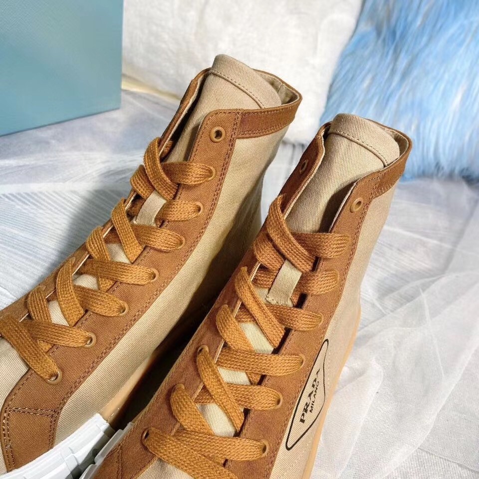Pra*a beige/tan gabardine high-top sneakers