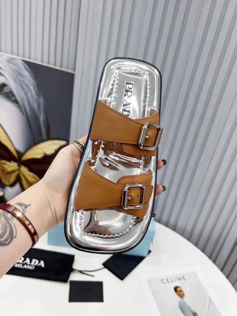 Pra*a double-strap sandals in brown leather