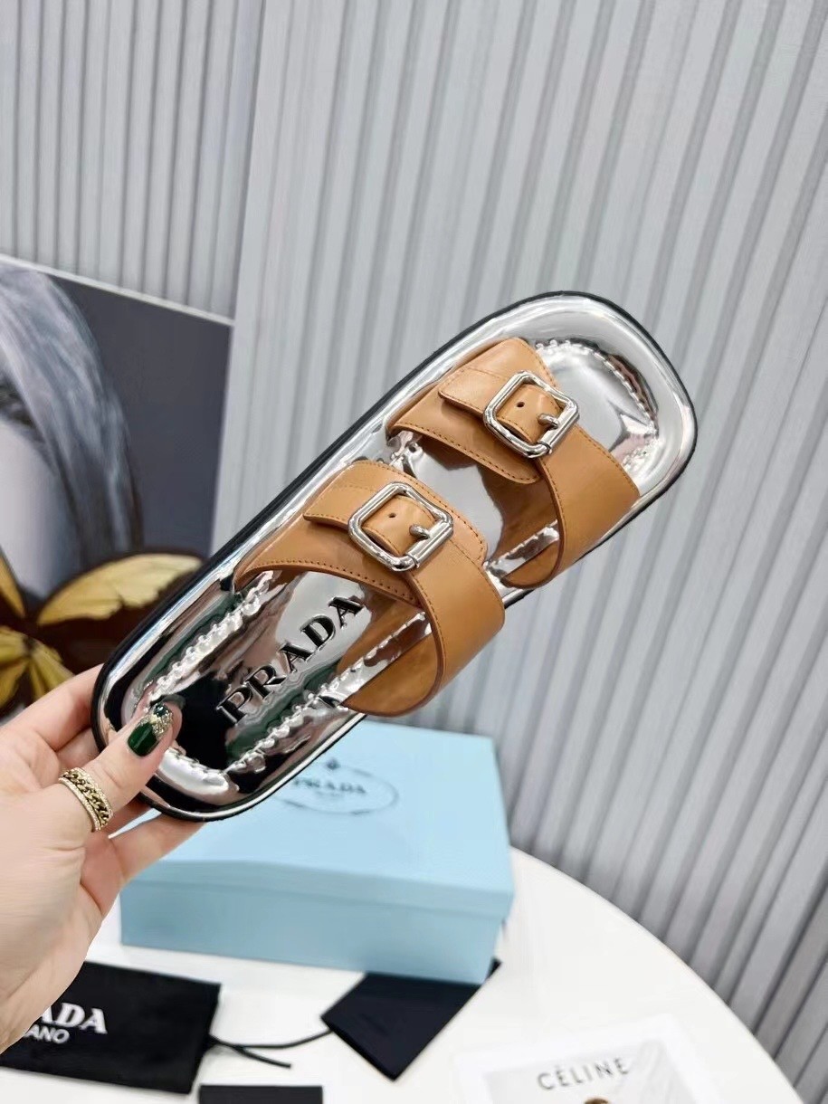 Pra*a double-strap sandals in brown leather
