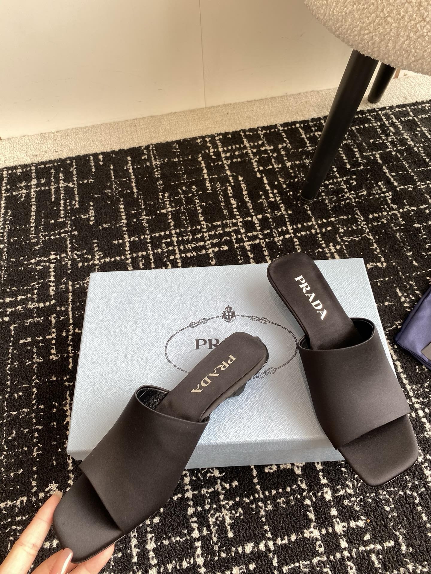 Pra*a heeled slides 35mm in black satin