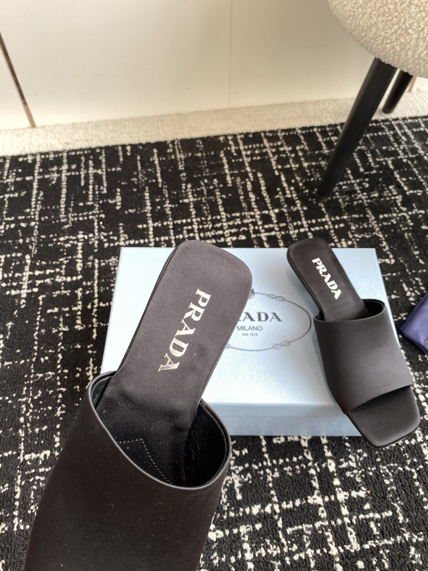 Pra*a heeled slides 35mm in black satin