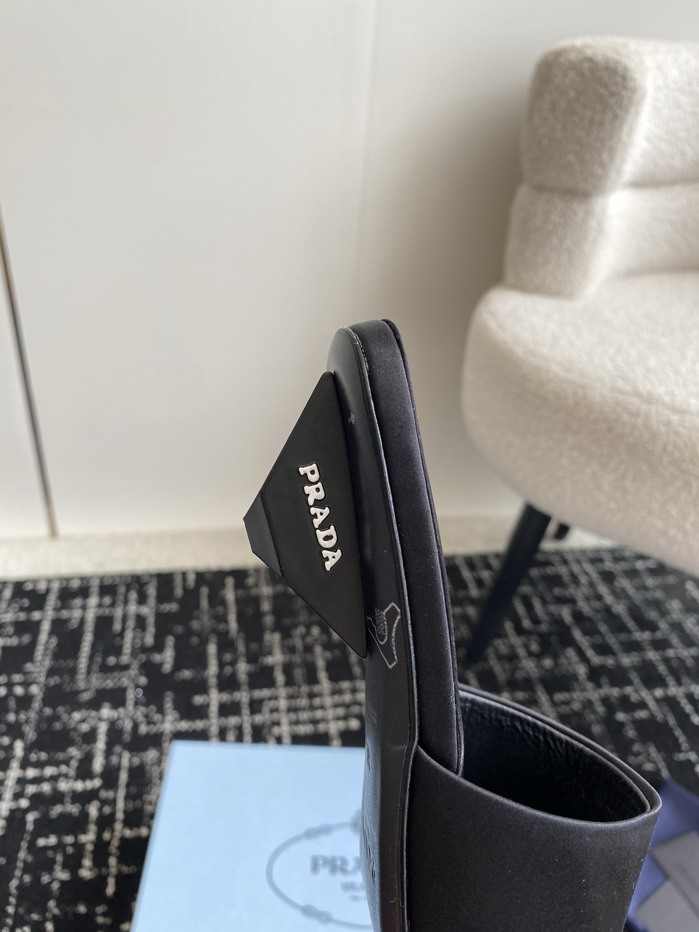 Pra*a heeled slides 35mm in black satin