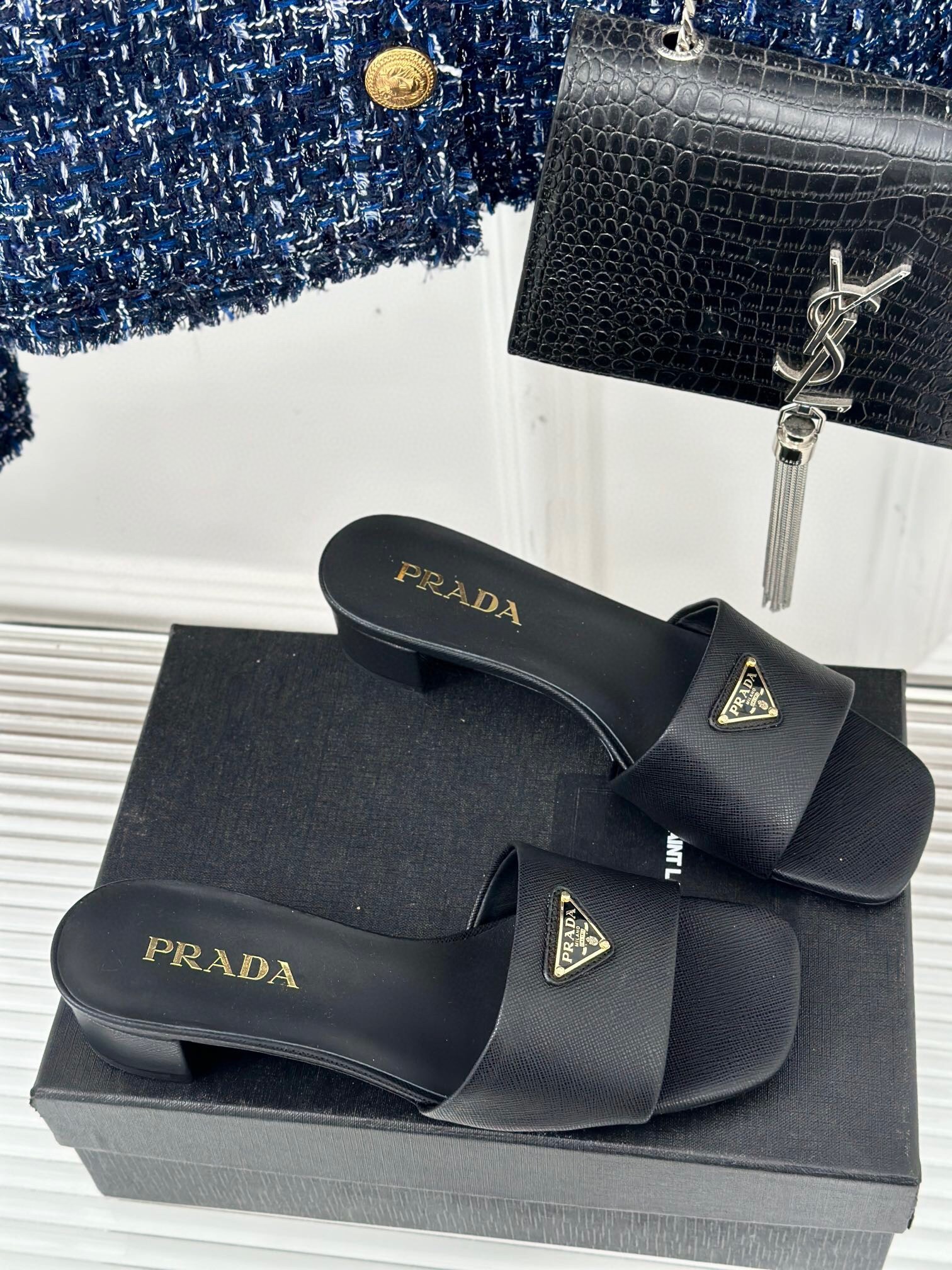 Pra*a heeled sandals 35mm in black saffiano leather