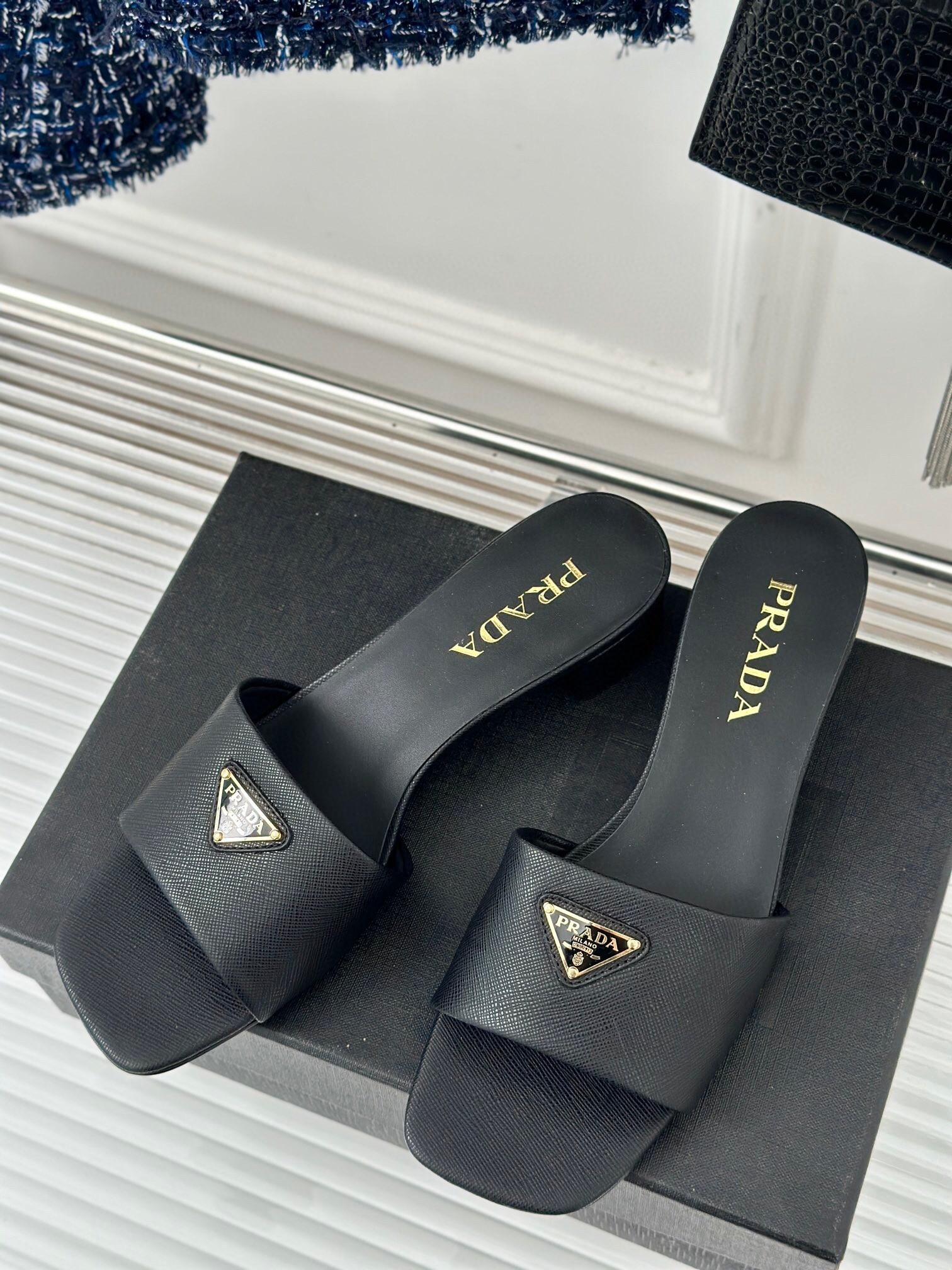 Pra*a heeled sandals 35mm in black saffiano leather